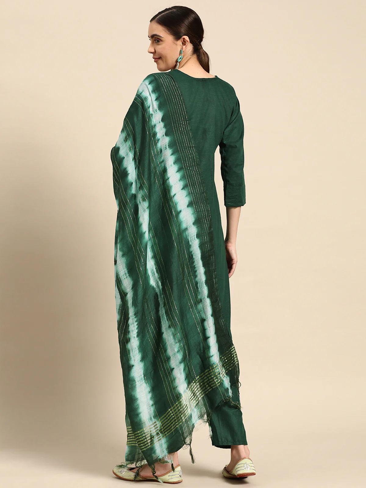 Odette Women Bottle Green Poly Cotton Embroidered Stitched Kurta With Trouser & Dupatta - Image 4