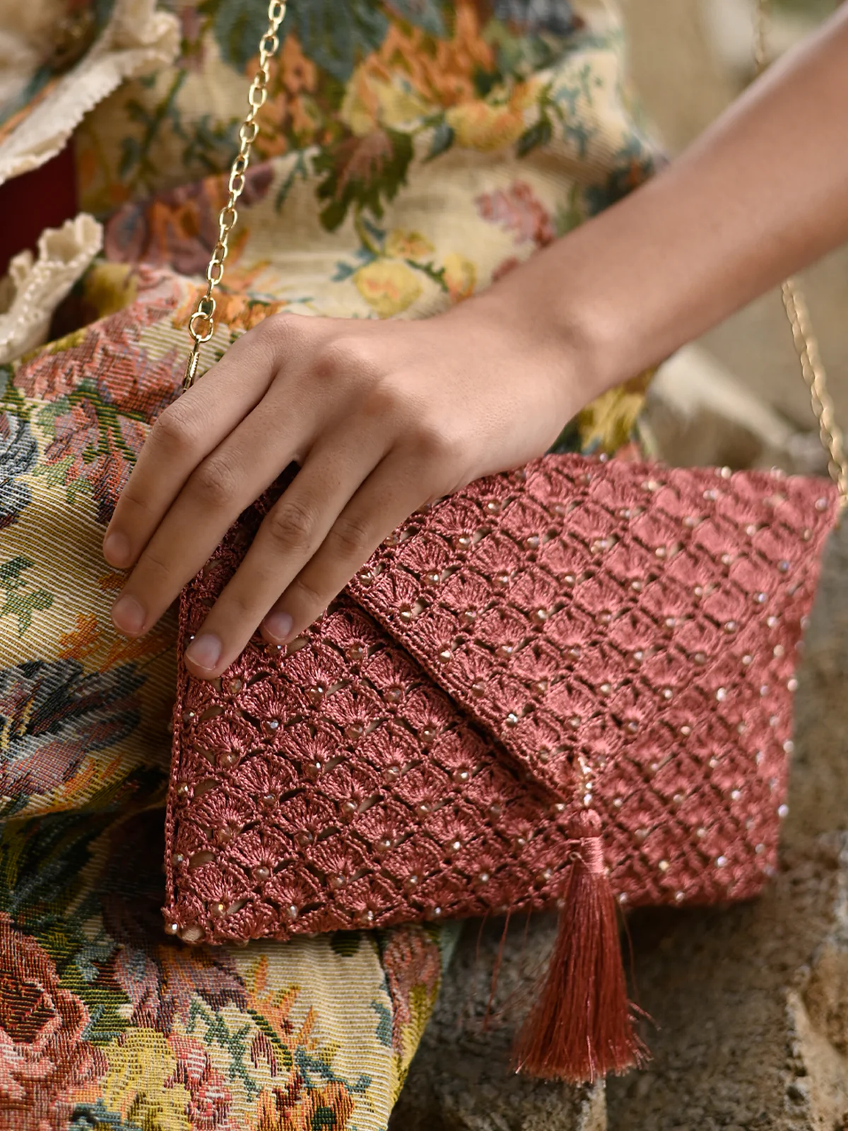 Odette Women Bronze Woven And Beaded Sling Bag - Image 2