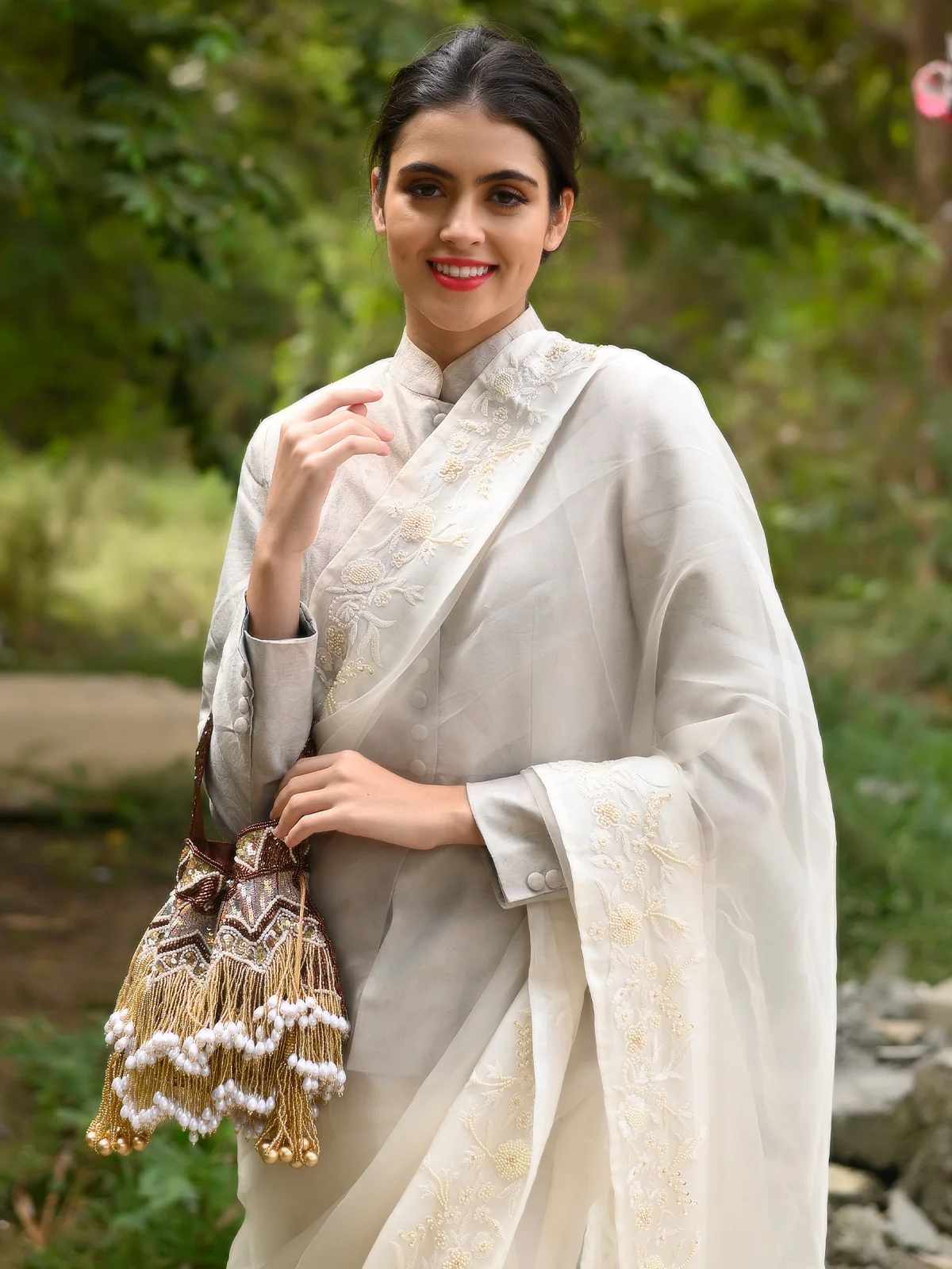Odette Women Brown And Gold Tassel Potli Bag - Image 2