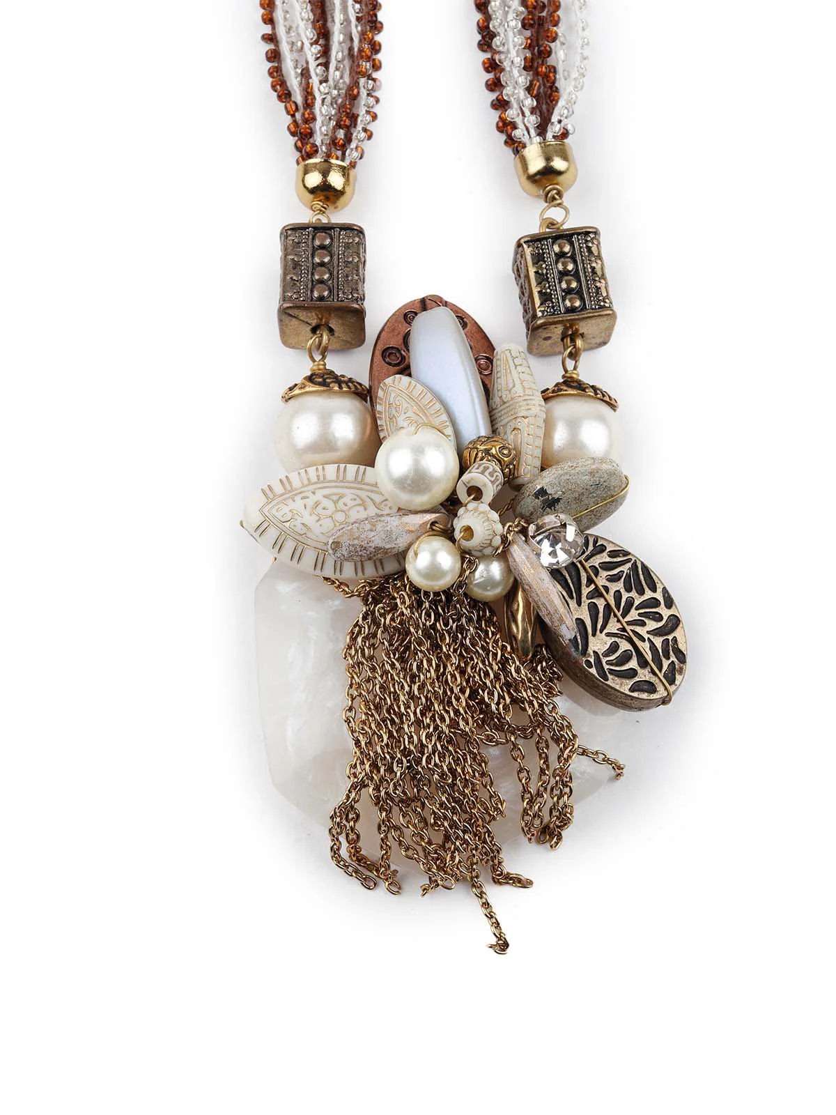 Odette Women Brown And White Long Necklace Set - Image 4