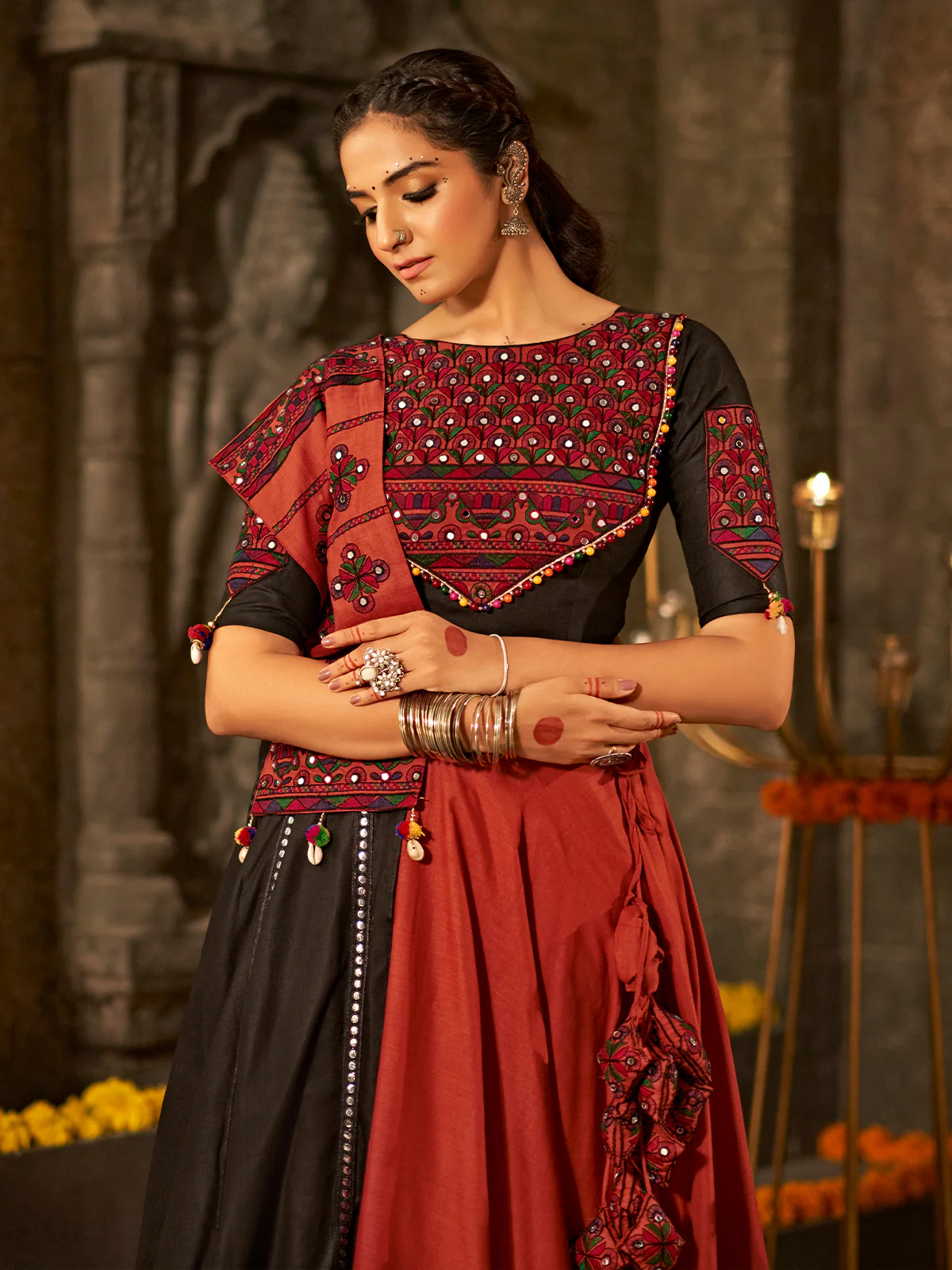 Odette Maroon Cotton Embroidered Semi Stitched Lehenga Choli For Women - Image 4
