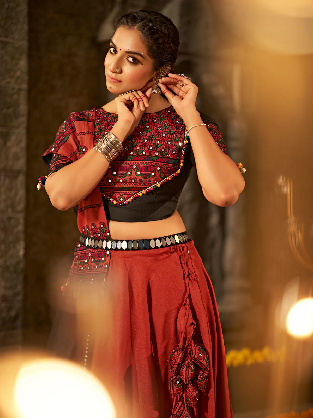 Odette Maroon Cotton Embroidered Semi Stitched Lehenga Choli For Women - Image 5