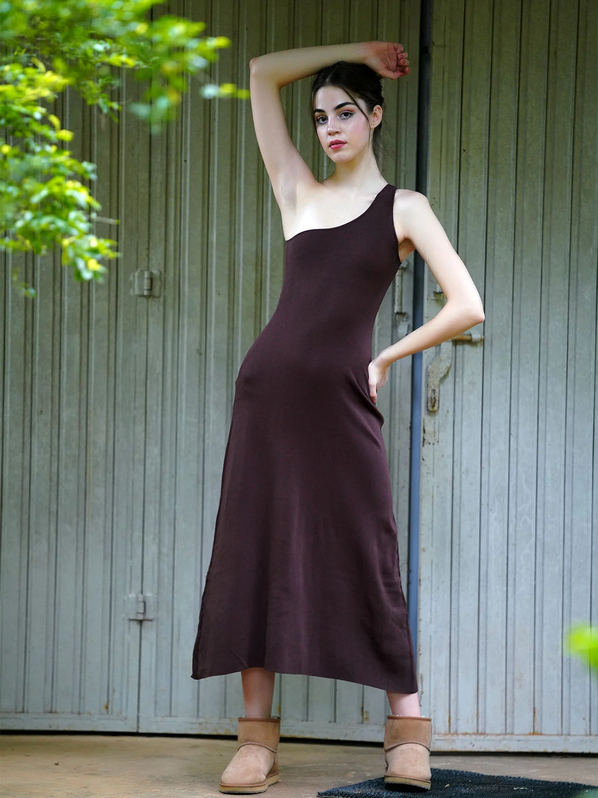 Odette Women Brown Ribbed Cotton Solid Long Stitched Dress - Image 2