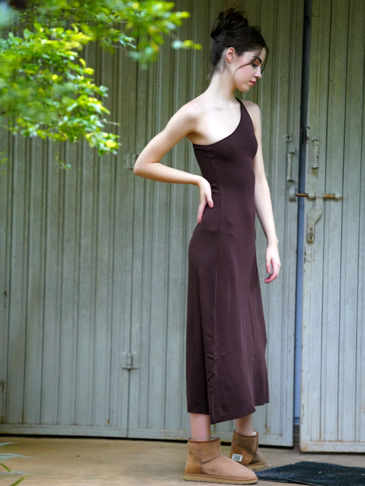 Odette Women Brown Ribbed Cotton Solid Long Stitched Dress - Image 3