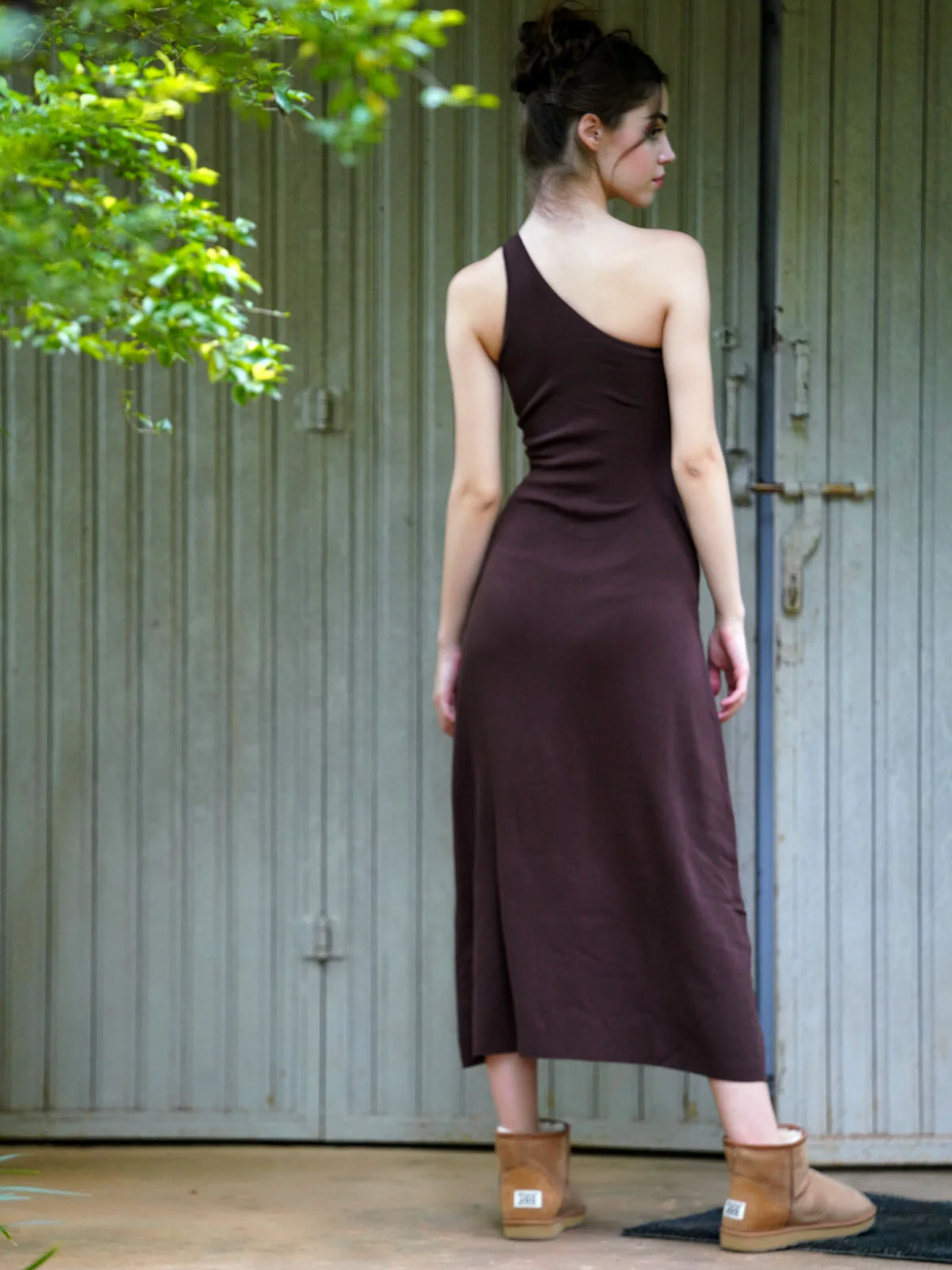Odette Women Brown Ribbed Cotton Solid Long Stitched Dress - Image 4