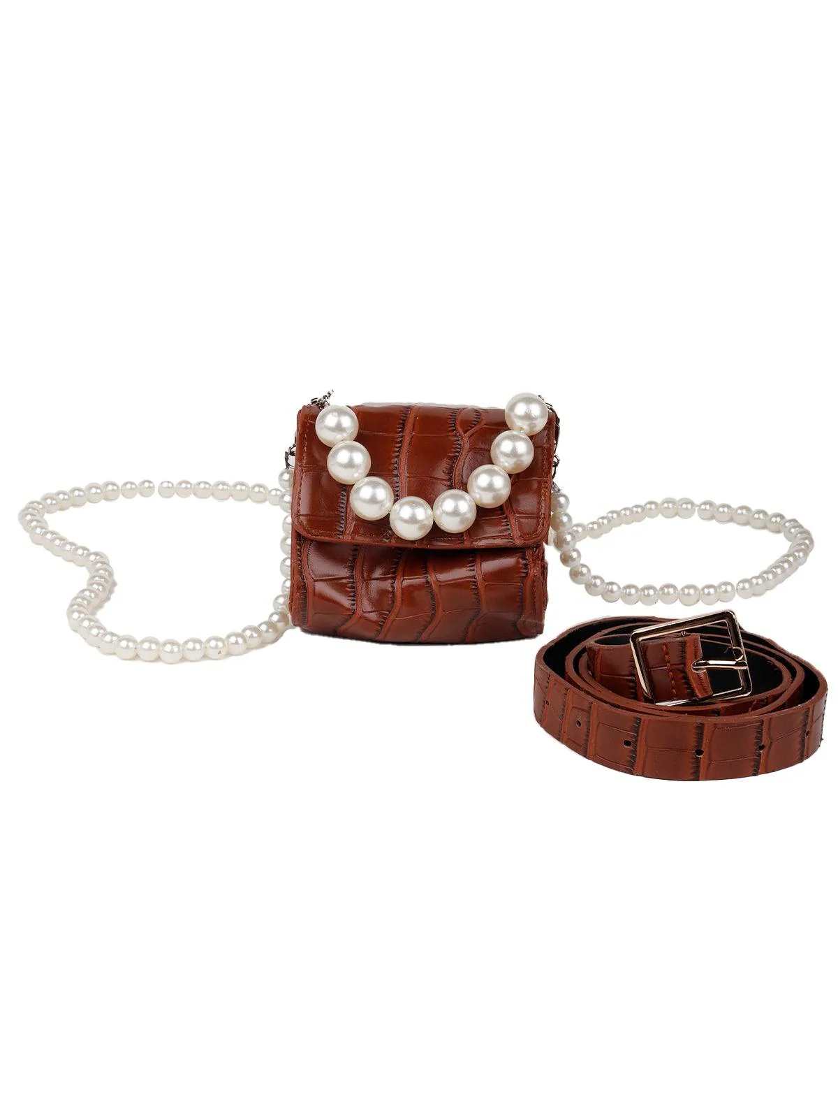 Odette Women Brown Double Pearl Belt Bag - Image 4