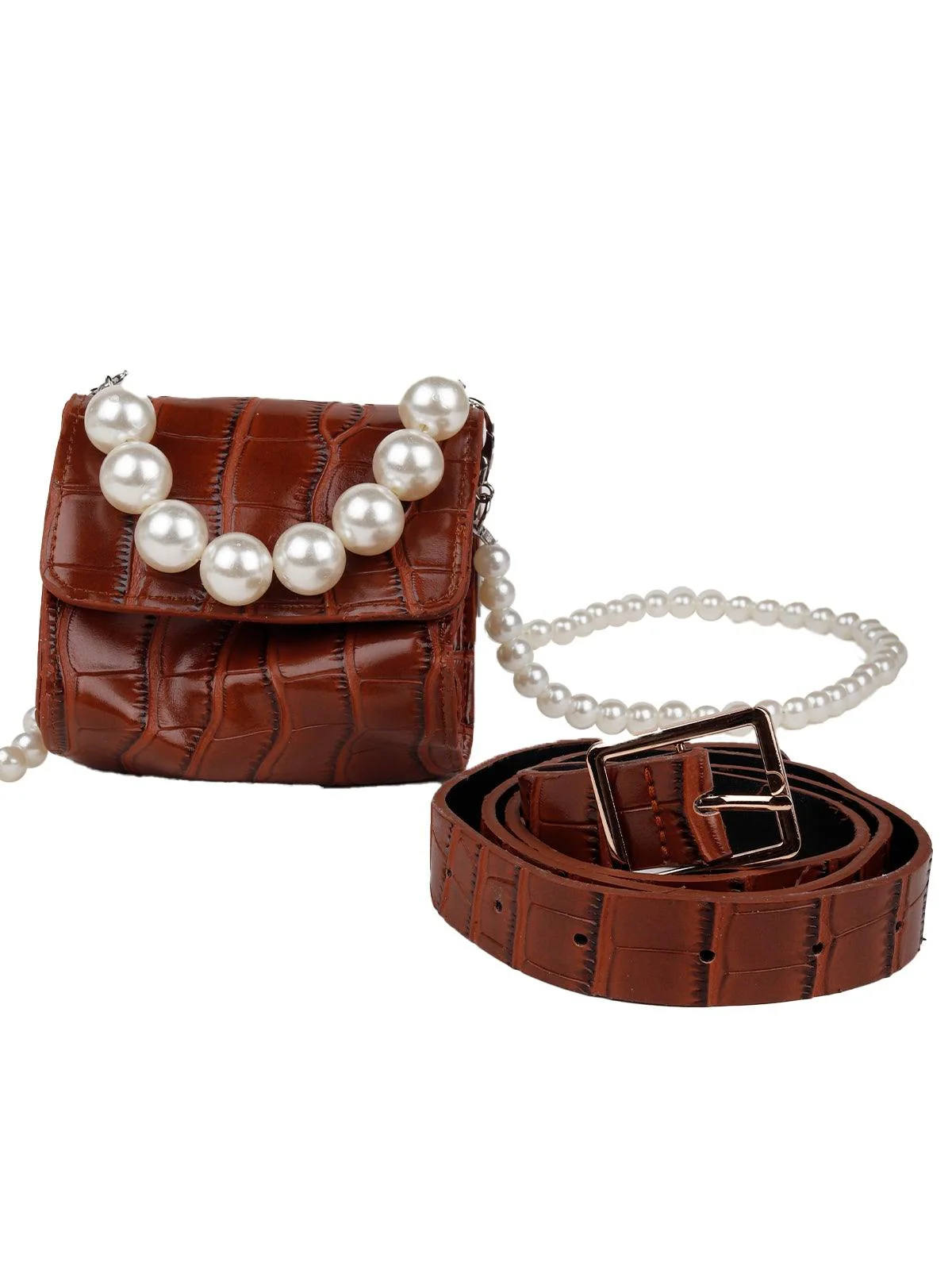 Odette Women Brown Double Pearl Belt Bag - Image 5
