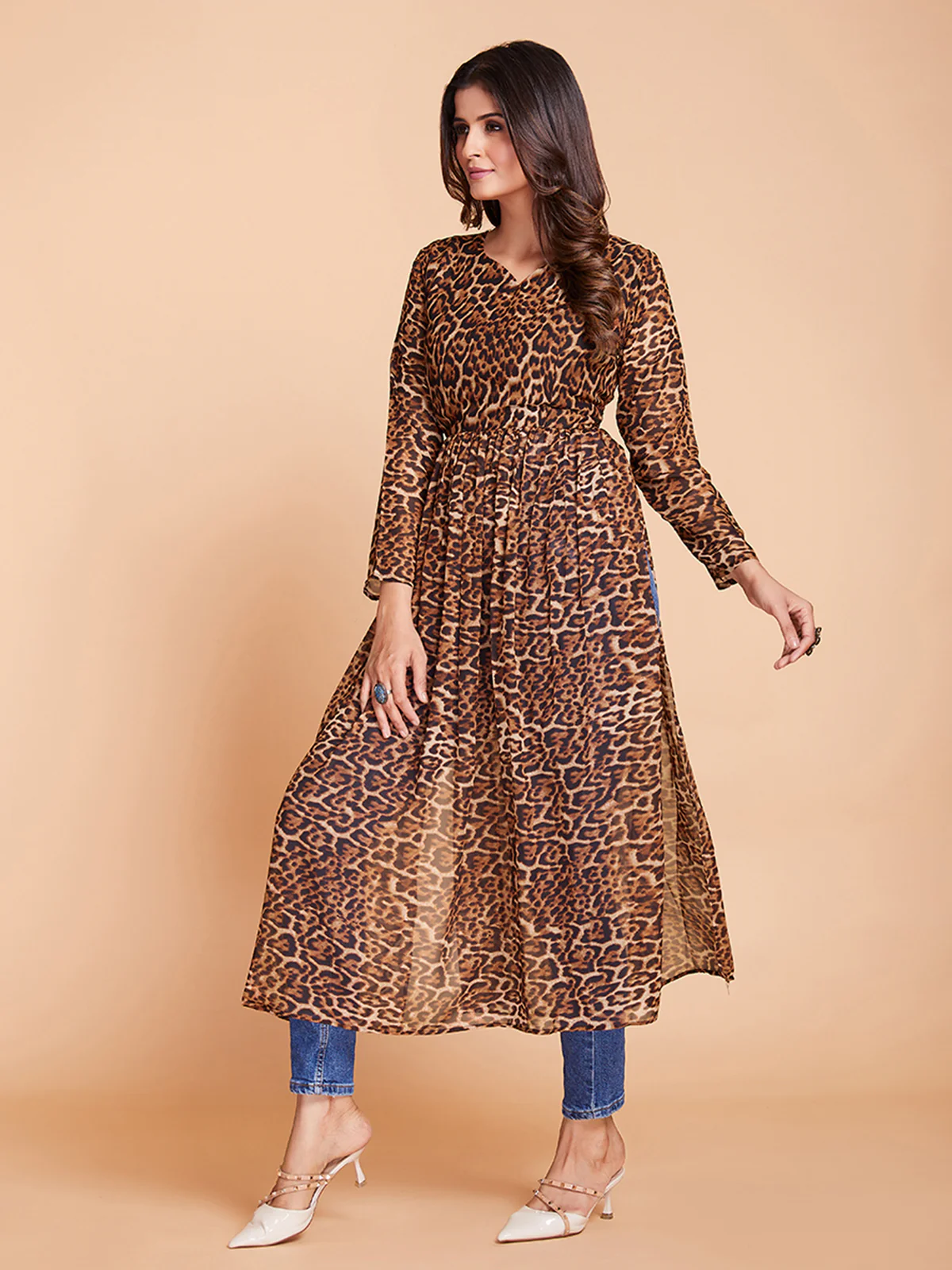 Odette Women Brown Faux Georgette Stitched Kurta - Image 2