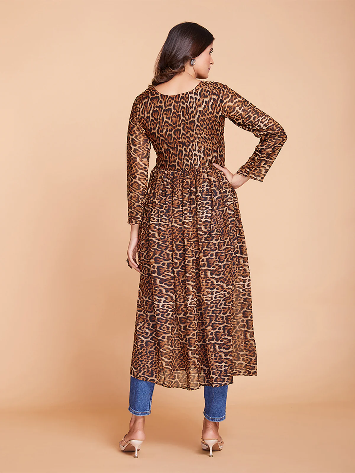 Odette Women Brown Faux Georgette Stitched Kurta - Image 6