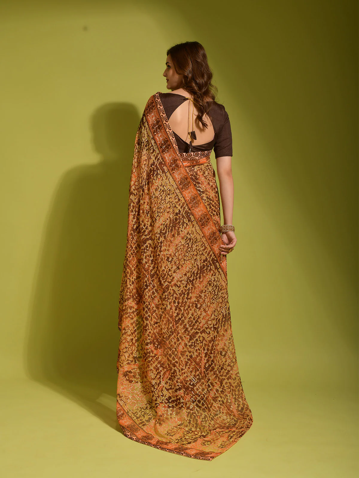 Odette Women Brown Georgette Designer Saree With Unstitched Blouse - Image 3