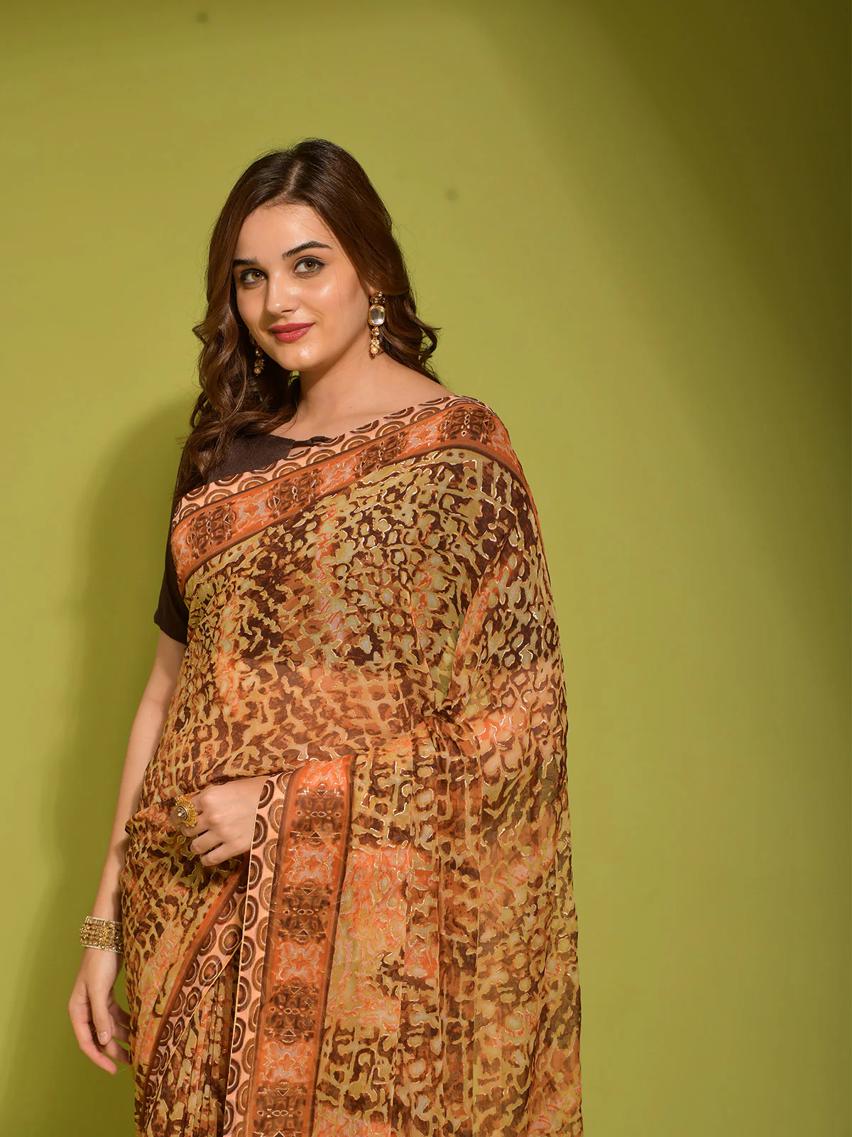 Odette Women Brown Georgette Designer Saree With Unstitched Blouse - Image 4