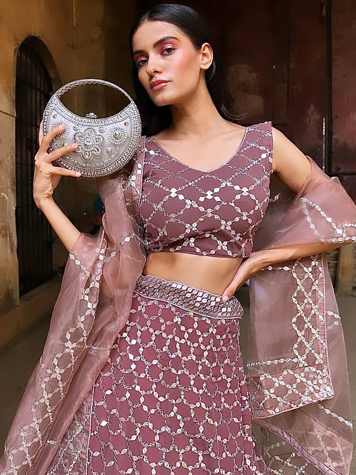 Odette Women Brown Georgette Semi Stitched Lehenga With Unstitched Blouse - Image 2