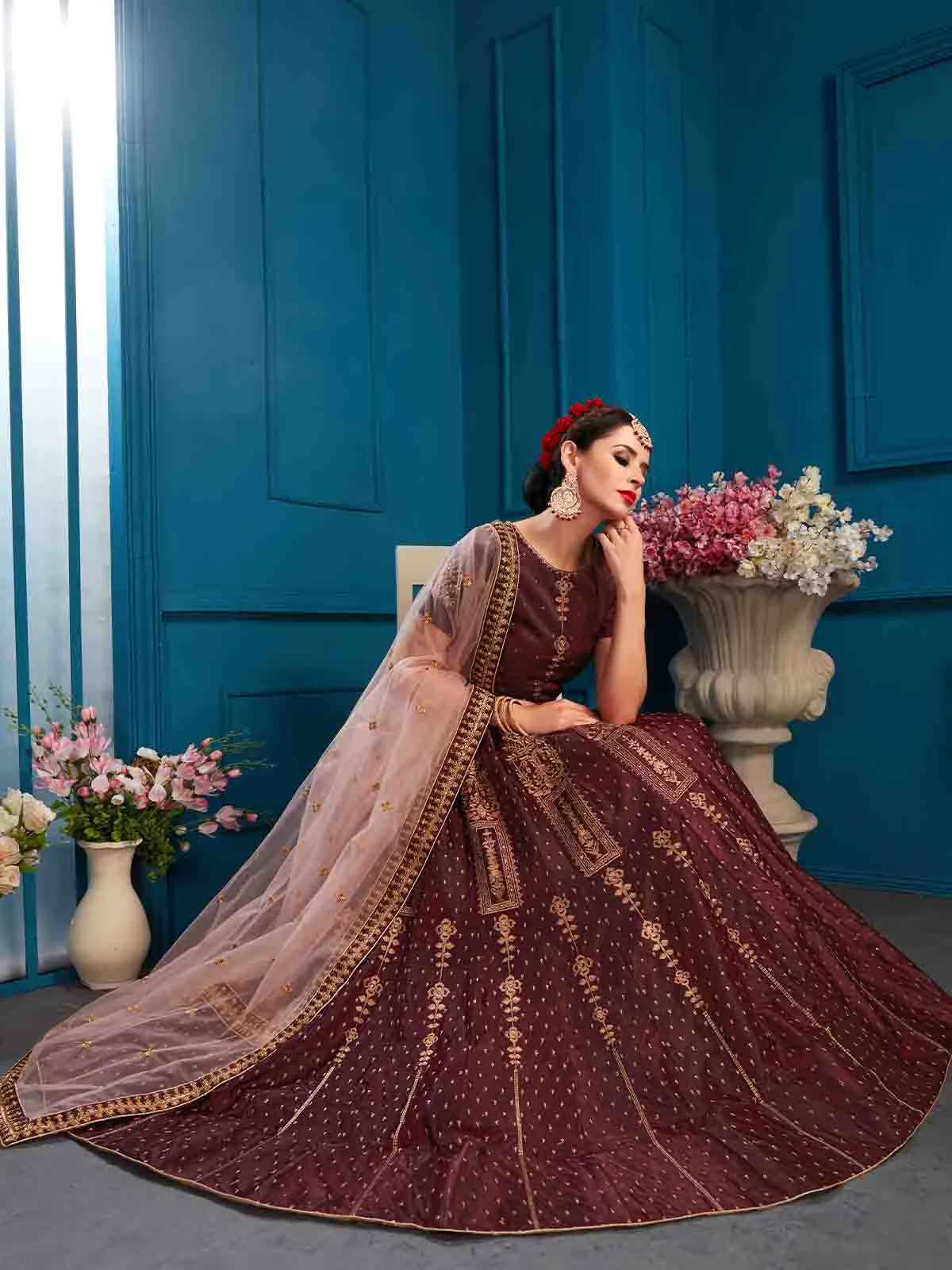 Odette Women Brown Designer Satin Semi Stitched Lehenga With Unstitched Blouse - Image 2
