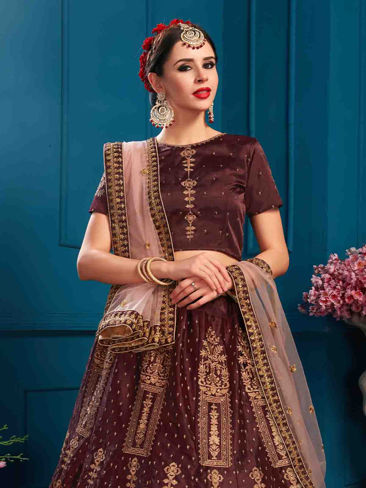 Odette Women Brown Designer Satin Semi Stitched Lehenga With Unstitched Blouse - Image 3