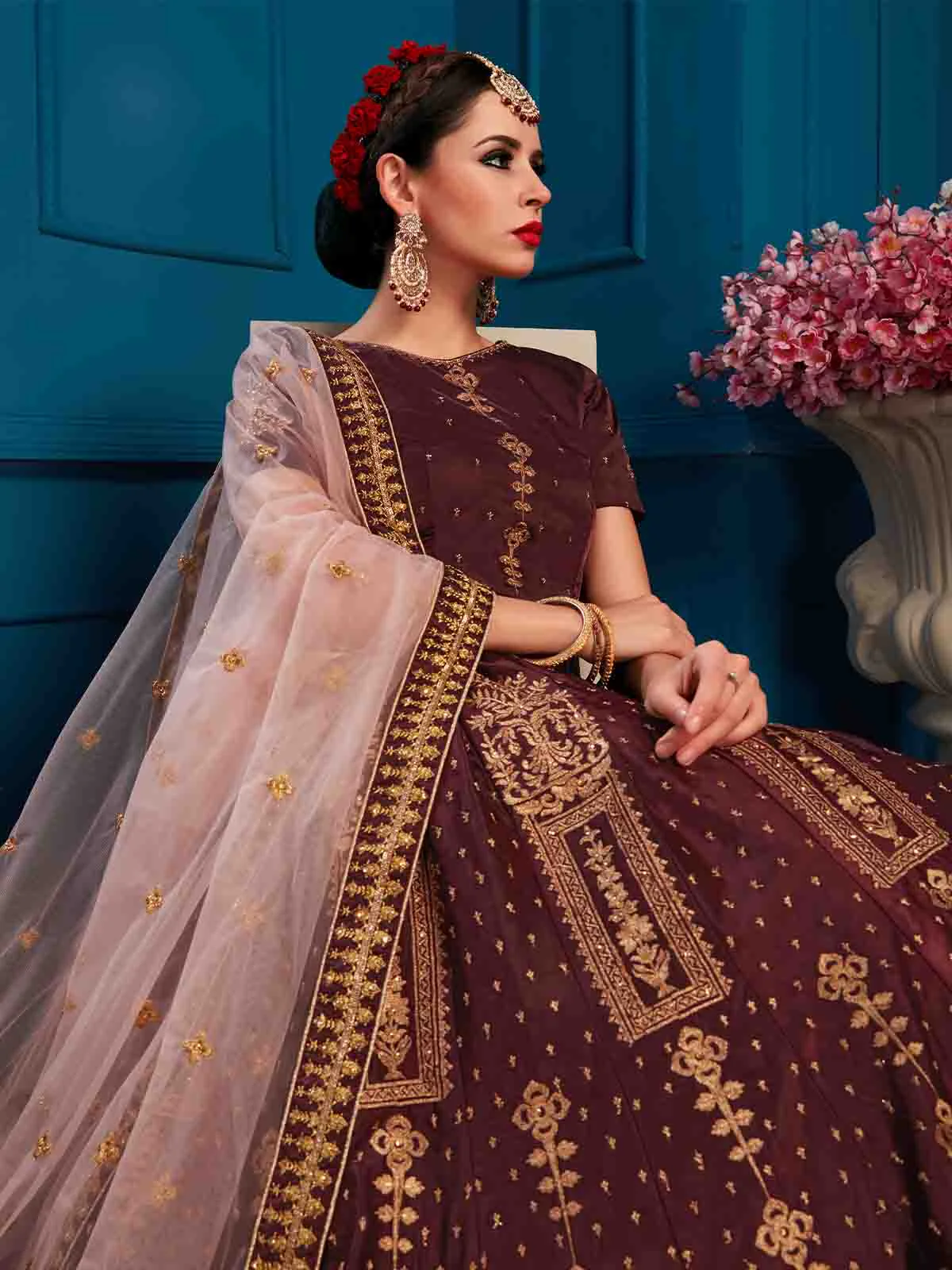 Odette Women Brown Designer Satin Semi Stitched Lehenga With Unstitched Blouse - Image 4
