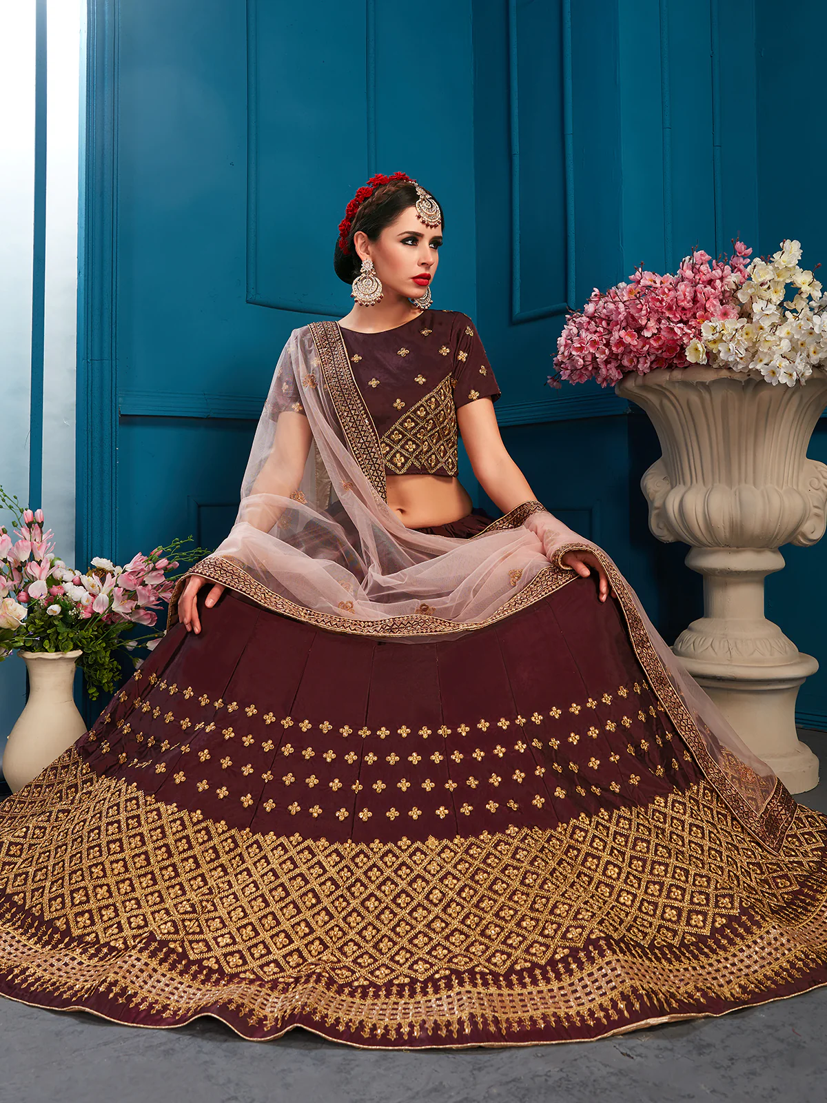Odette Women Brown Sparkling Sequins Semi Stitched Lehenga With Unstitched Blouse - Image 2