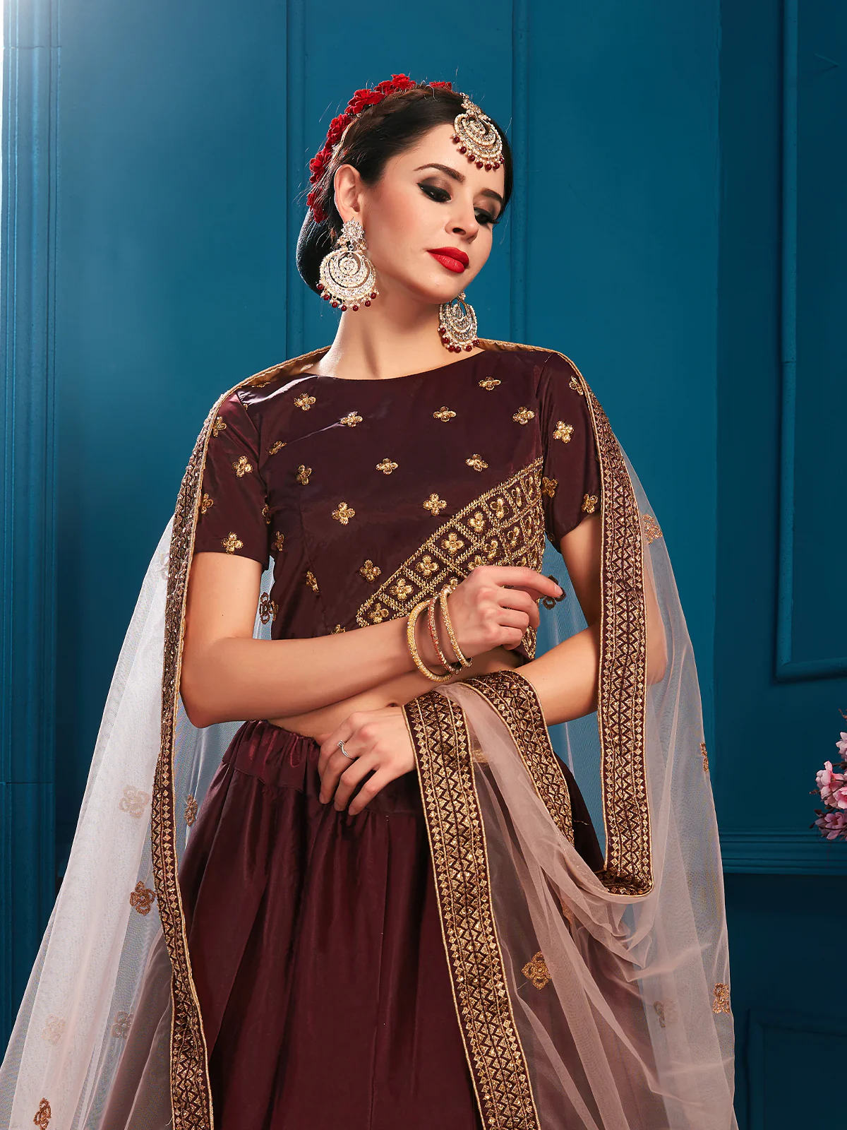 Odette Women Brown Sparkling Sequins Semi Stitched Lehenga With Unstitched Blouse - Image 3