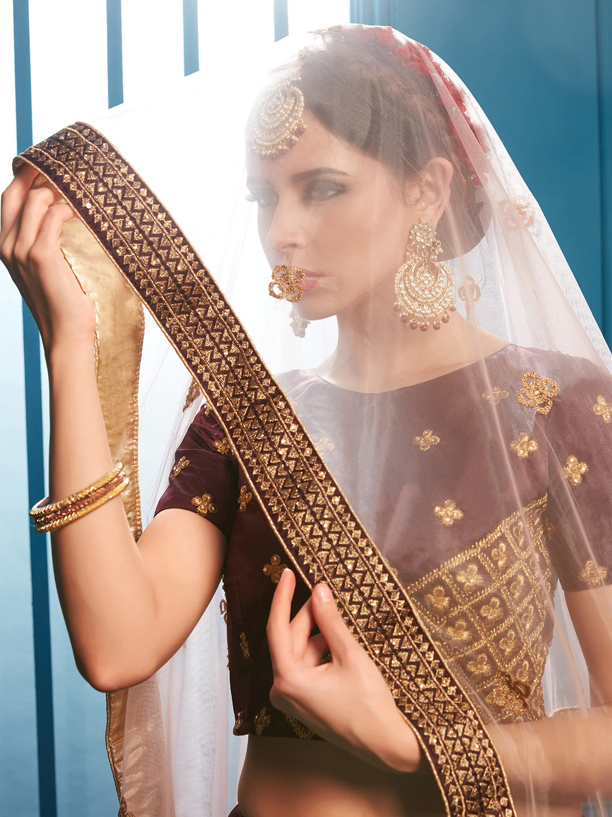 Odette Women Brown Sparkling Sequins Semi Stitched Lehenga With Unstitched Blouse - Image 5