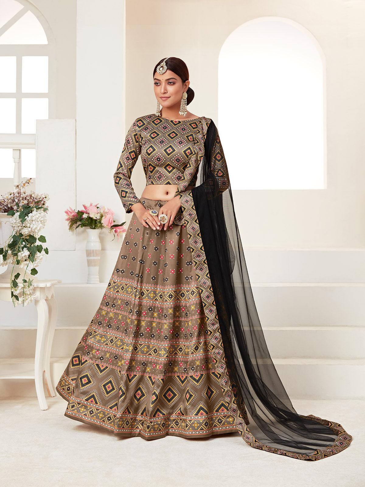 Odette Brown Printed Semi Stitched Lehenga With Unstitched Blouse For Women - Image 2