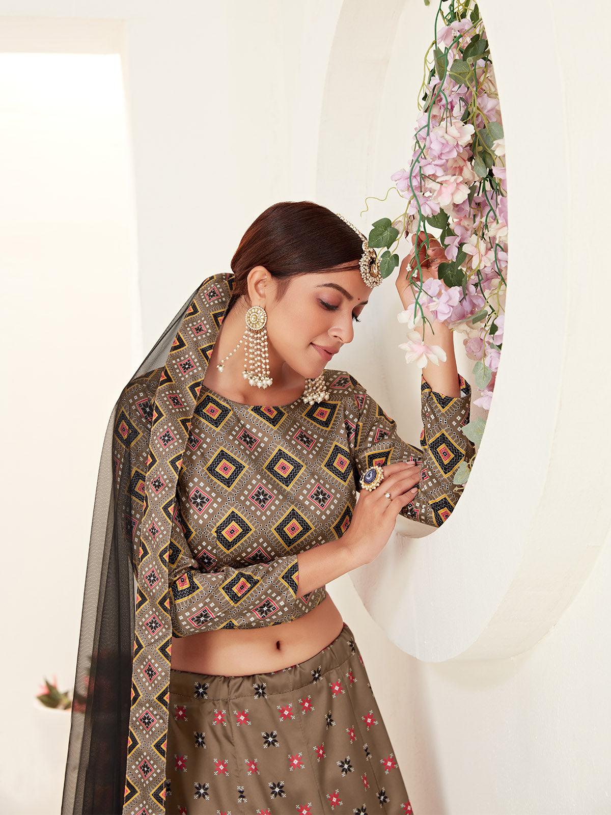 Odette Brown Printed Semi Stitched Lehenga With Unstitched Blouse For Women - Image 3
