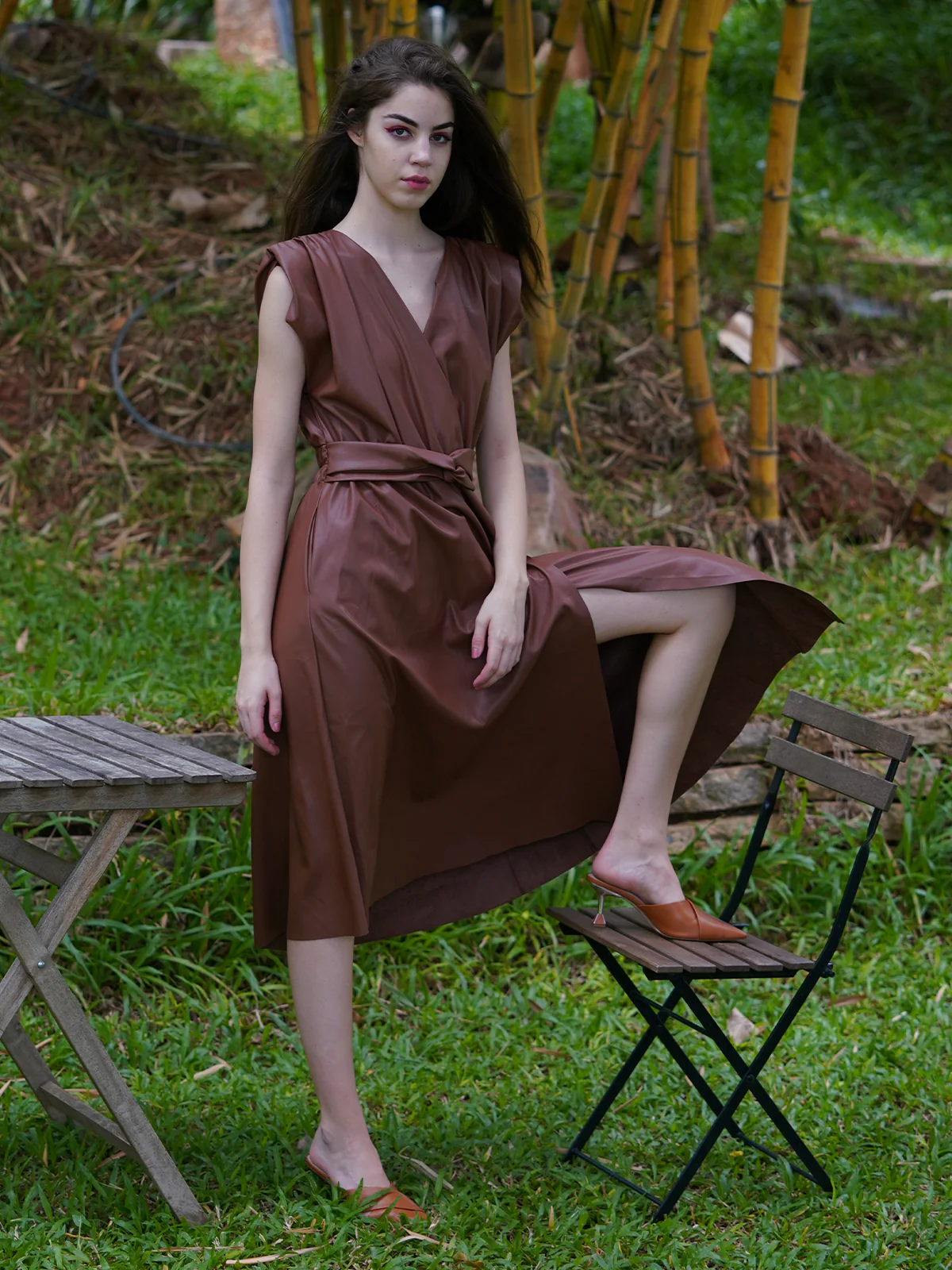 Odette Women Pu Solid Overlap Stitched Dress - Image 2