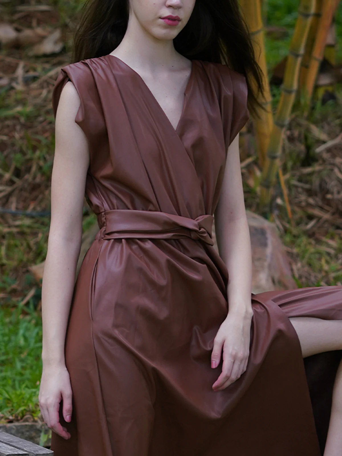 Odette Women Pu Solid Overlap Stitched Dress - Image 5