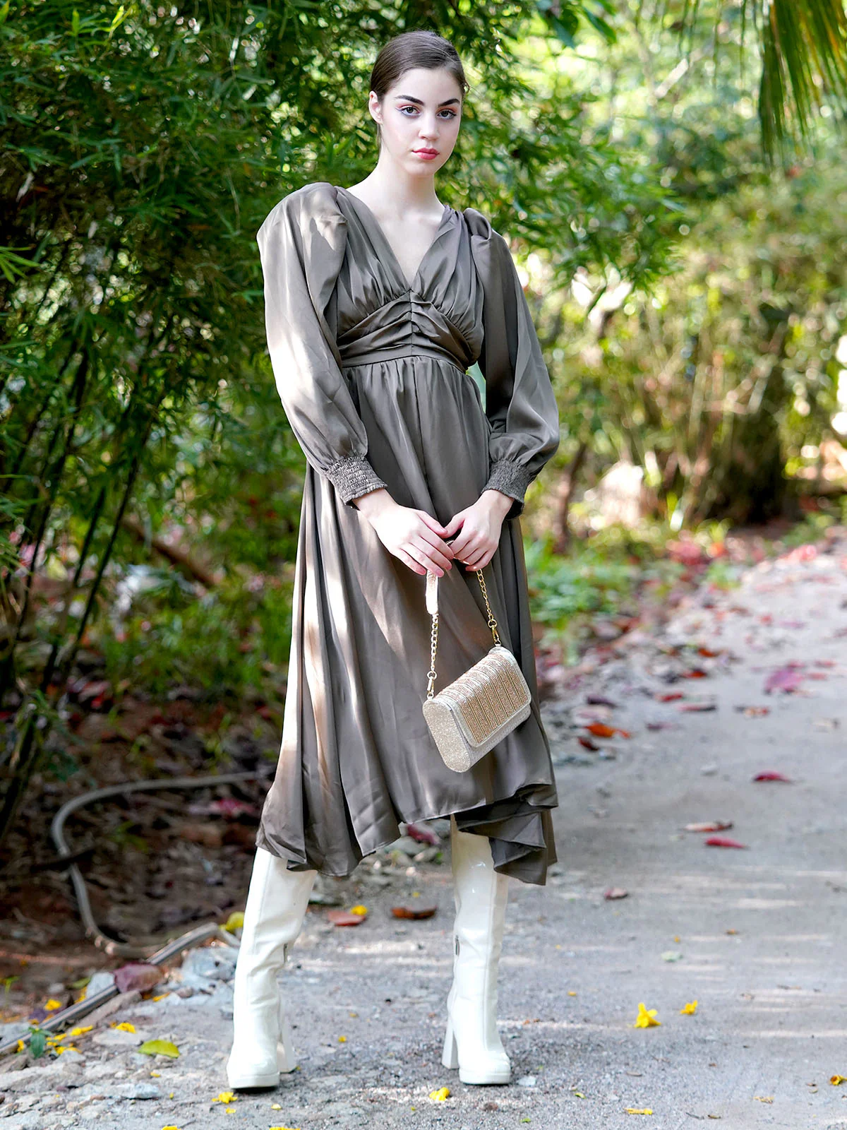Odette Women Brown Satin Flared Stitched Dress - Image 2