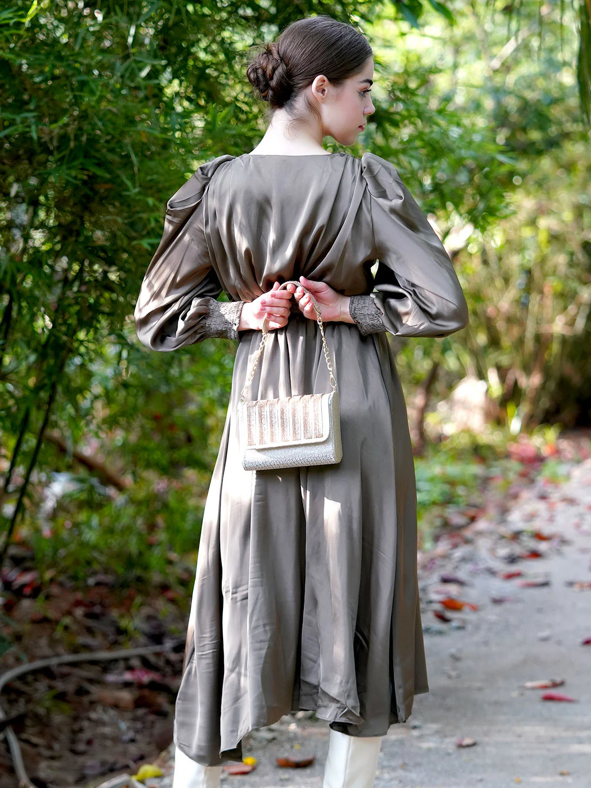 Odette Women Brown Satin Flared Stitched Dress - Image 3