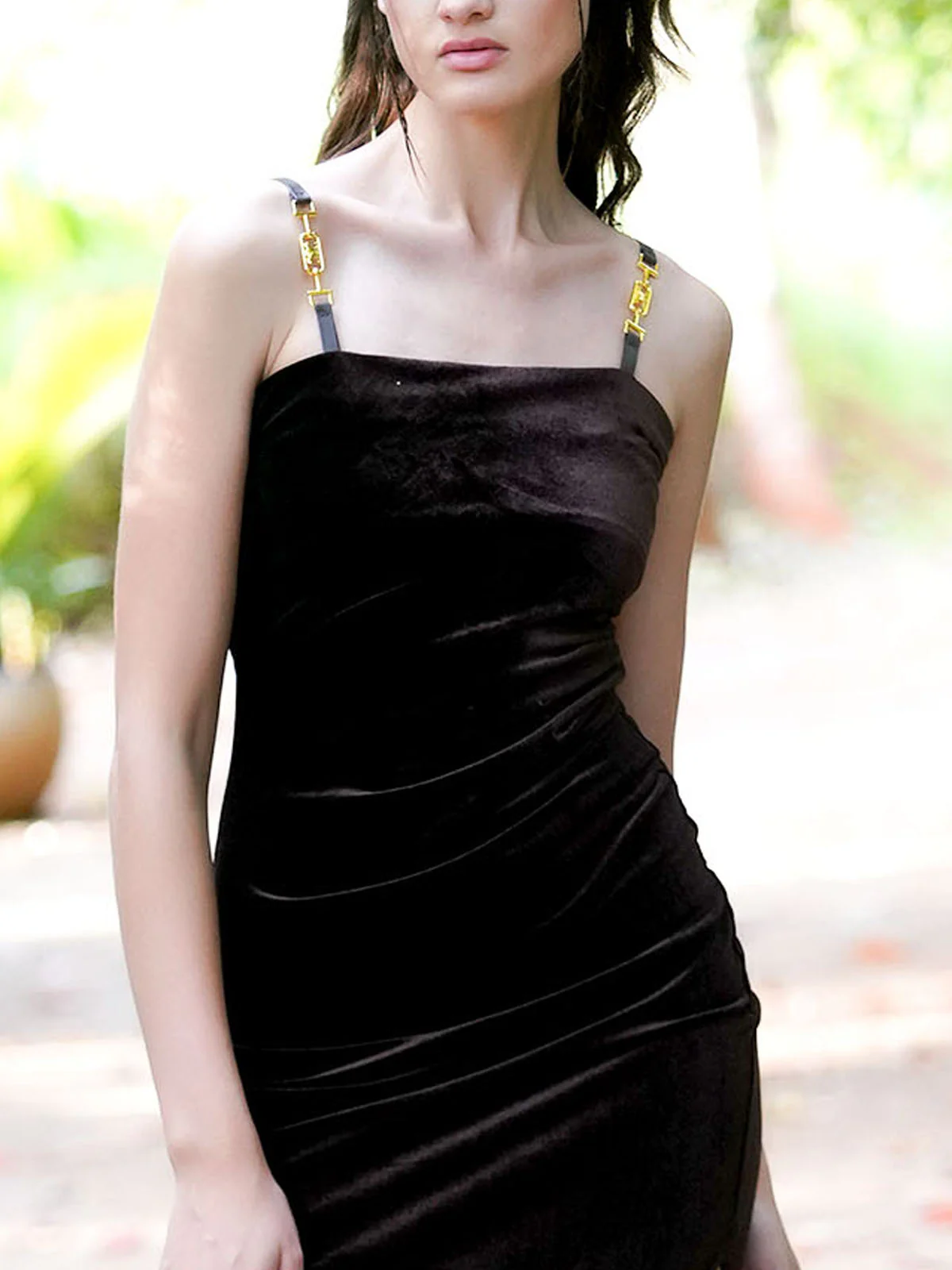 Odette Women Brown Velvet Lycra Strapped Partywear Dress - Image 5