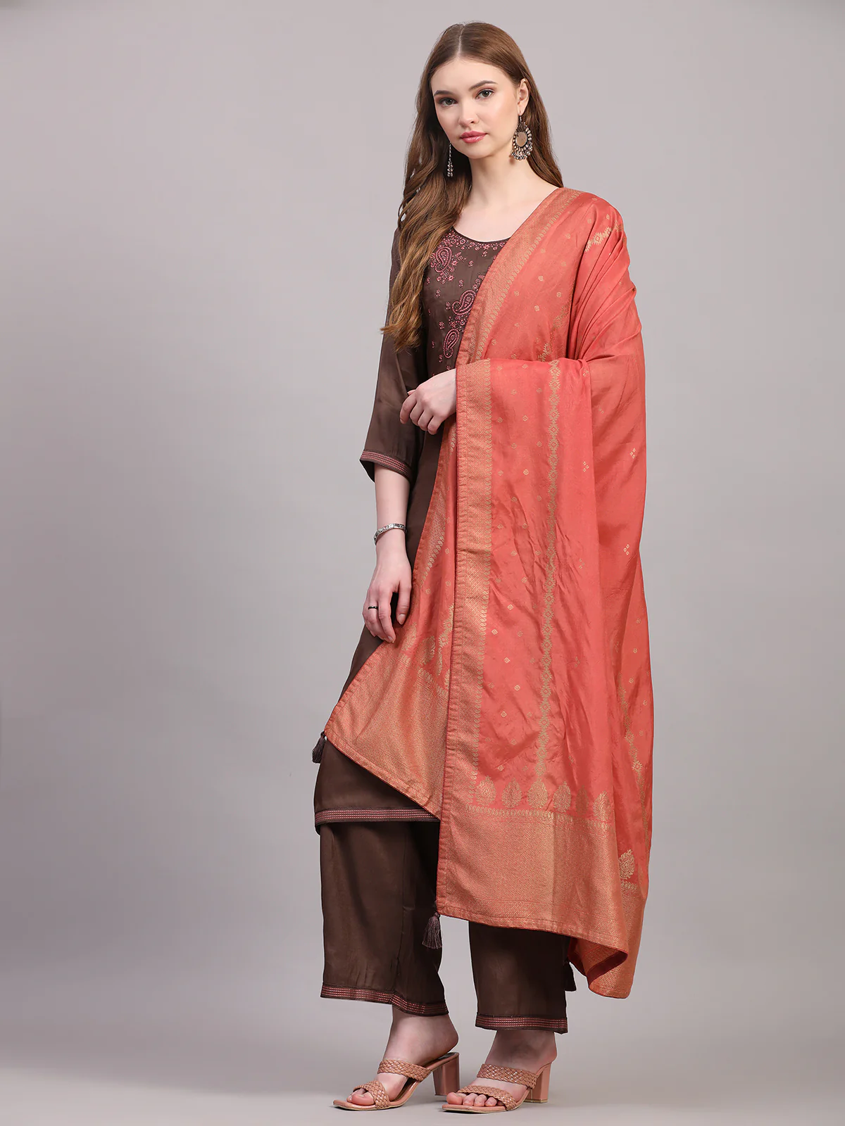Odette Women Brown Viscose Embroidered Stitched Kurta Set - Image 2
