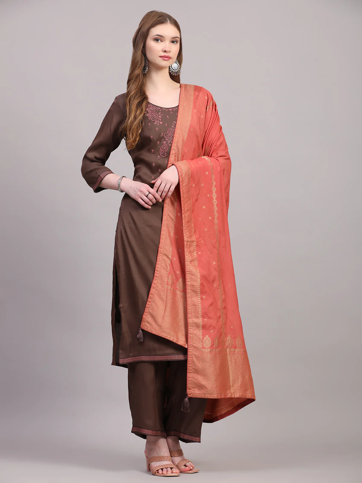 Odette Women Brown Viscose Embroidered Stitched Kurta Set - Image 3