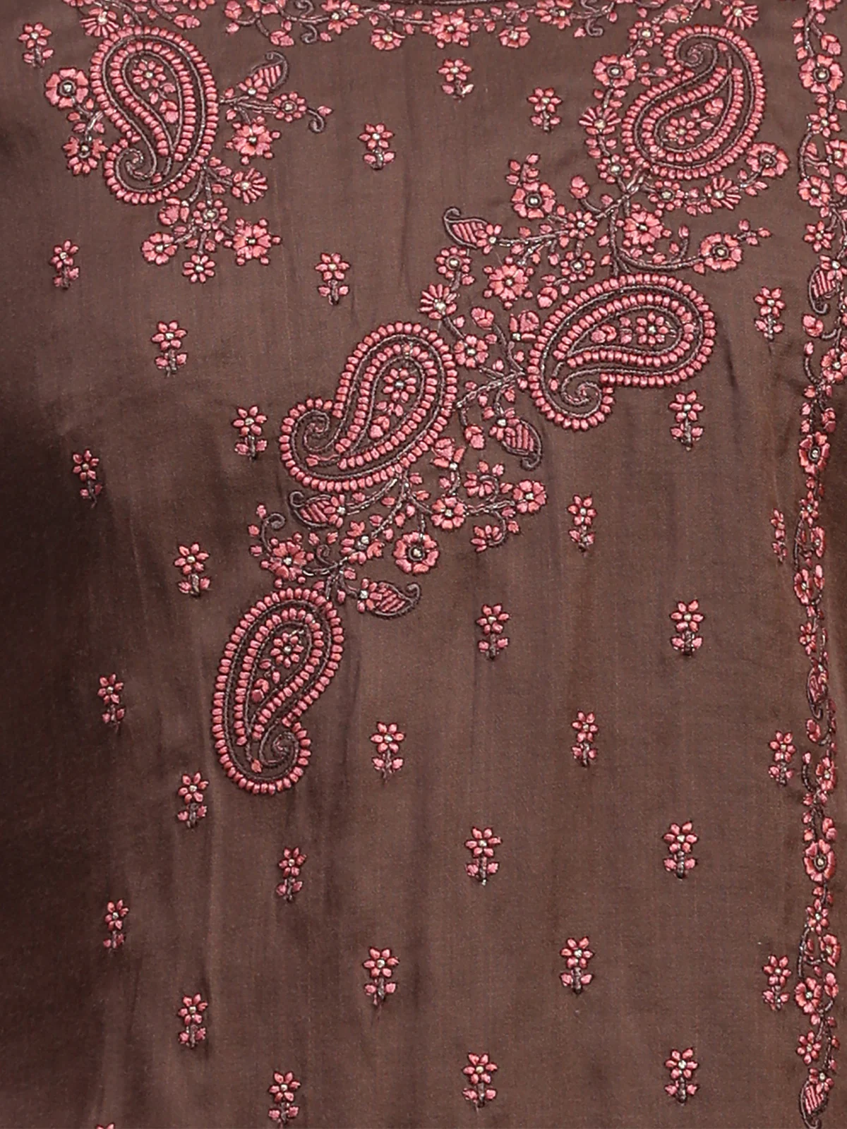 Odette Women Brown Viscose Embroidered Stitched Kurta Set - Image 5