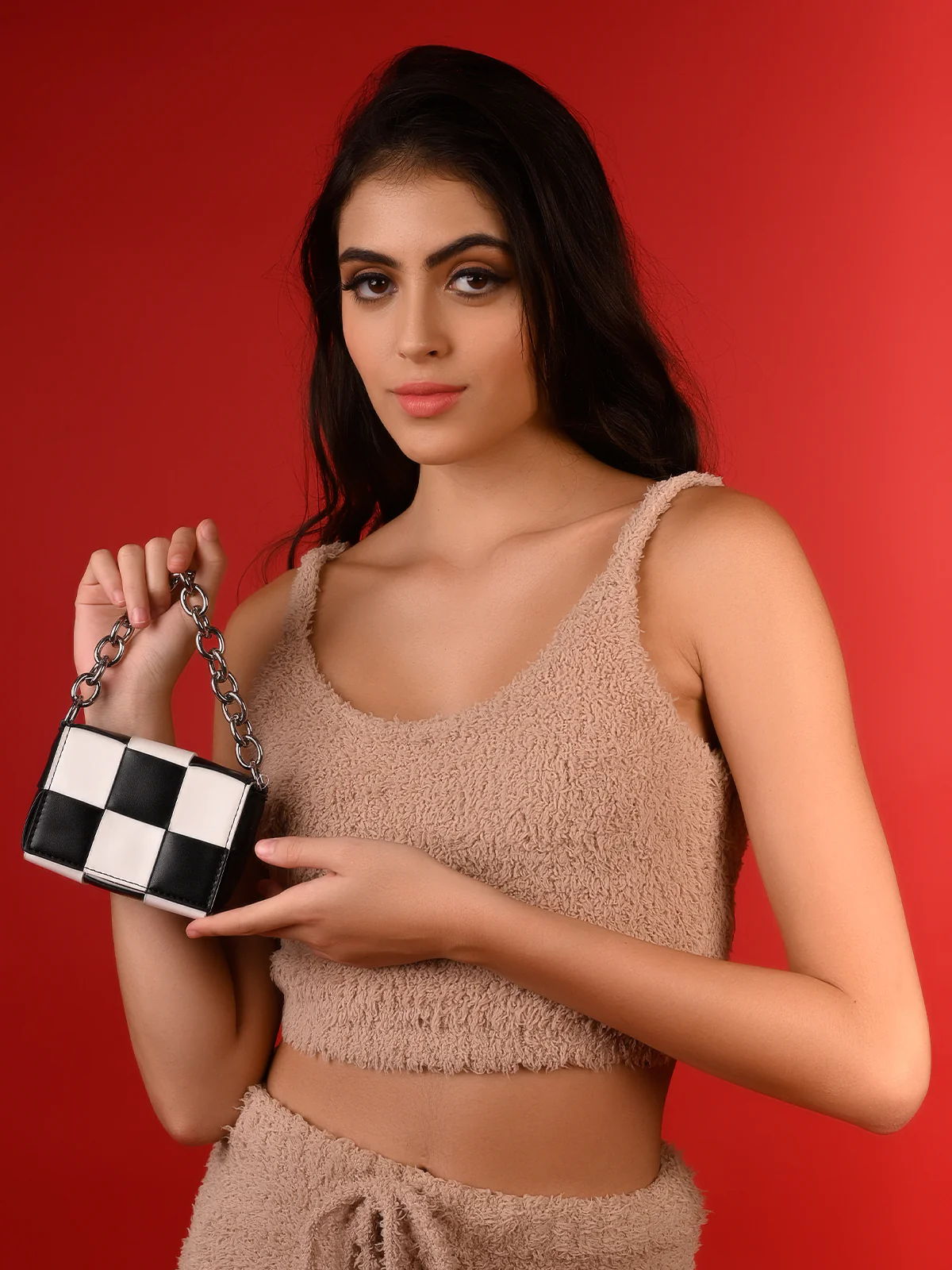 Odette Women Chequered Black And White Embellished Pouch Belt