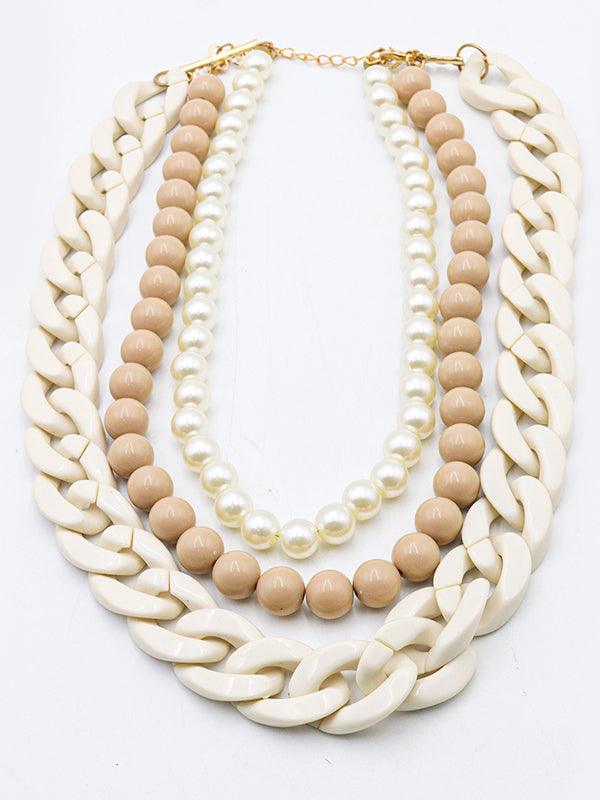 Odette Women Chunky Multilayered Acrylic White & Beige Mixed Necklace - Image 3