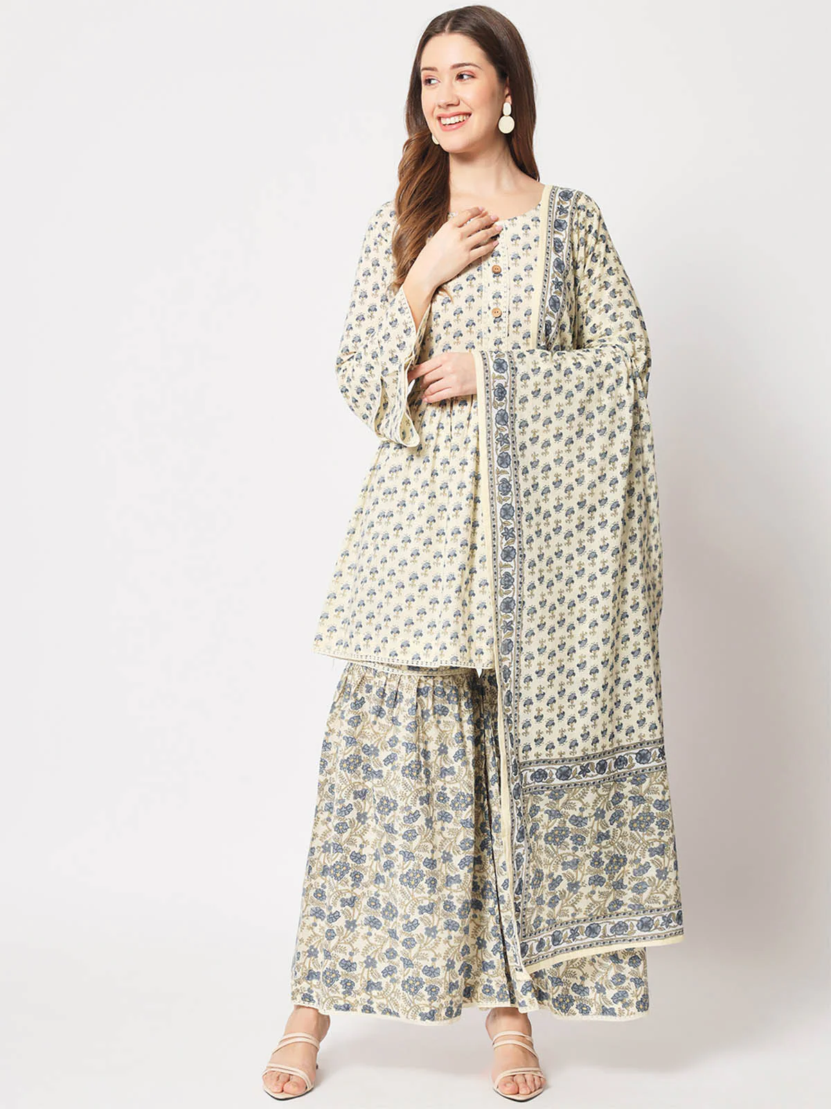Odette Women Classic Beige And Blue Cotton Printed Stitched Kurta Set - Image 2