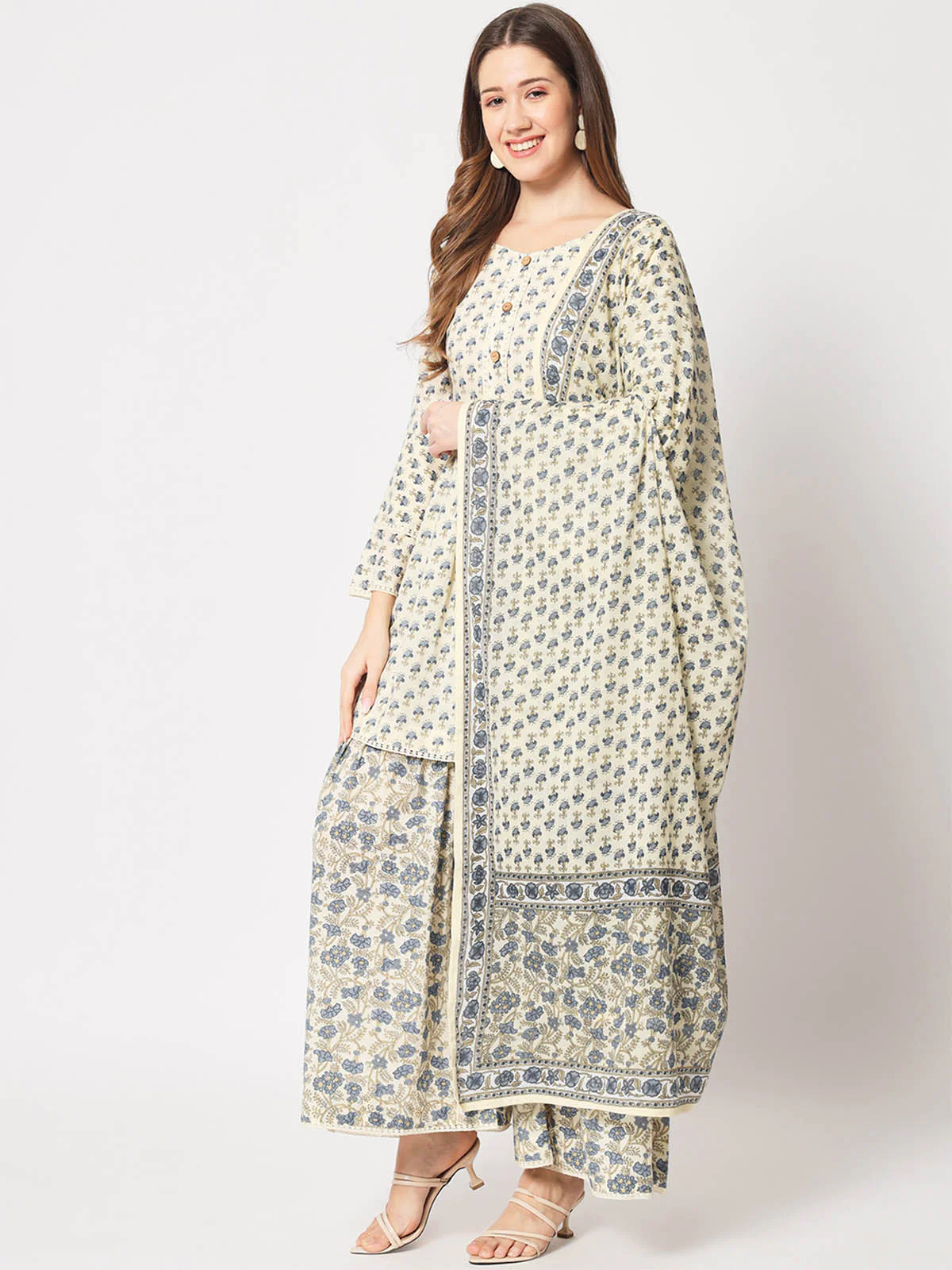 Odette Women Classic Beige And Blue Cotton Printed Stitched Kurta Set - Image 3