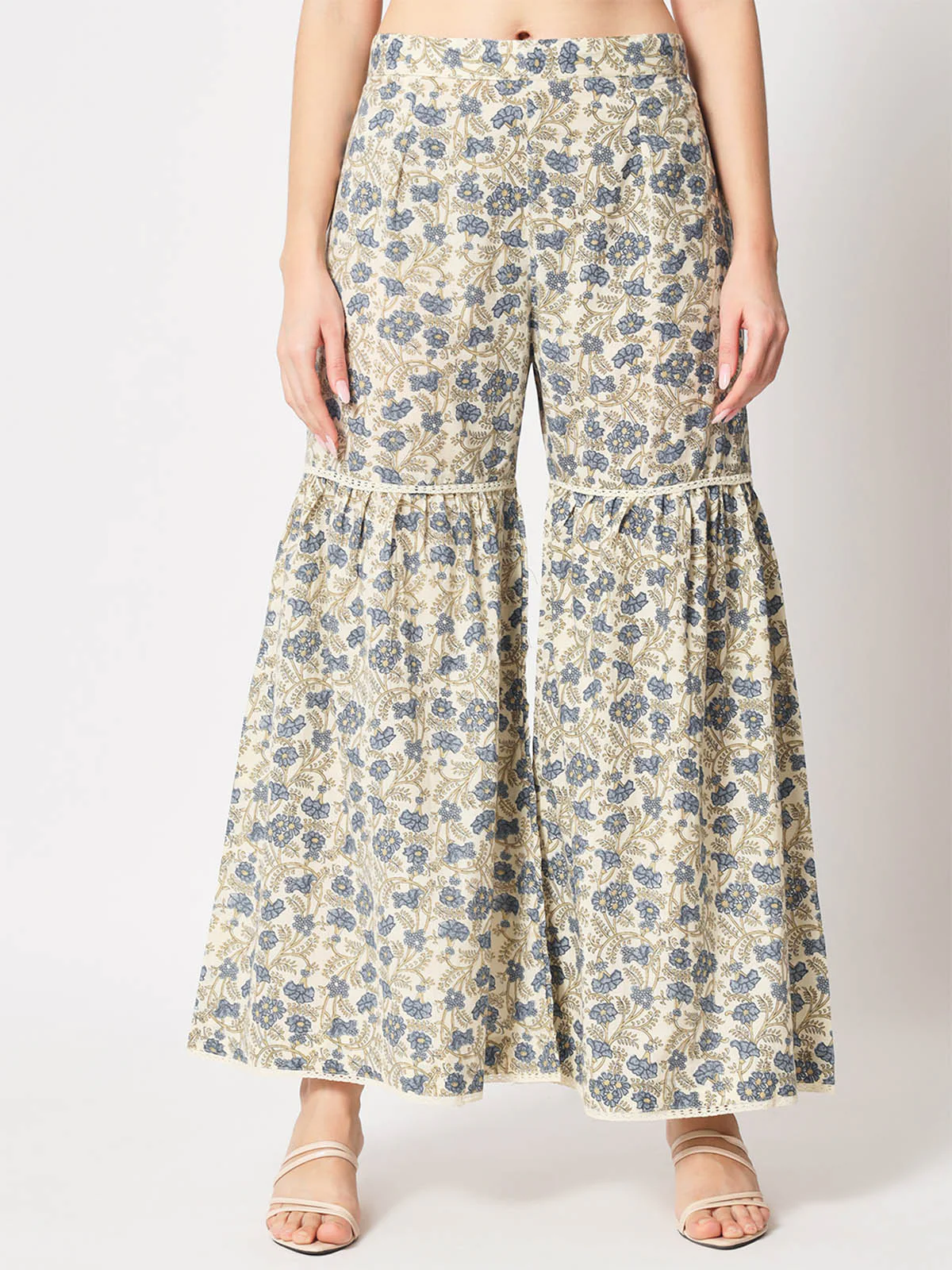 Odette Women Classic Beige And Blue Cotton Printed Stitched Kurta Set - Image 7