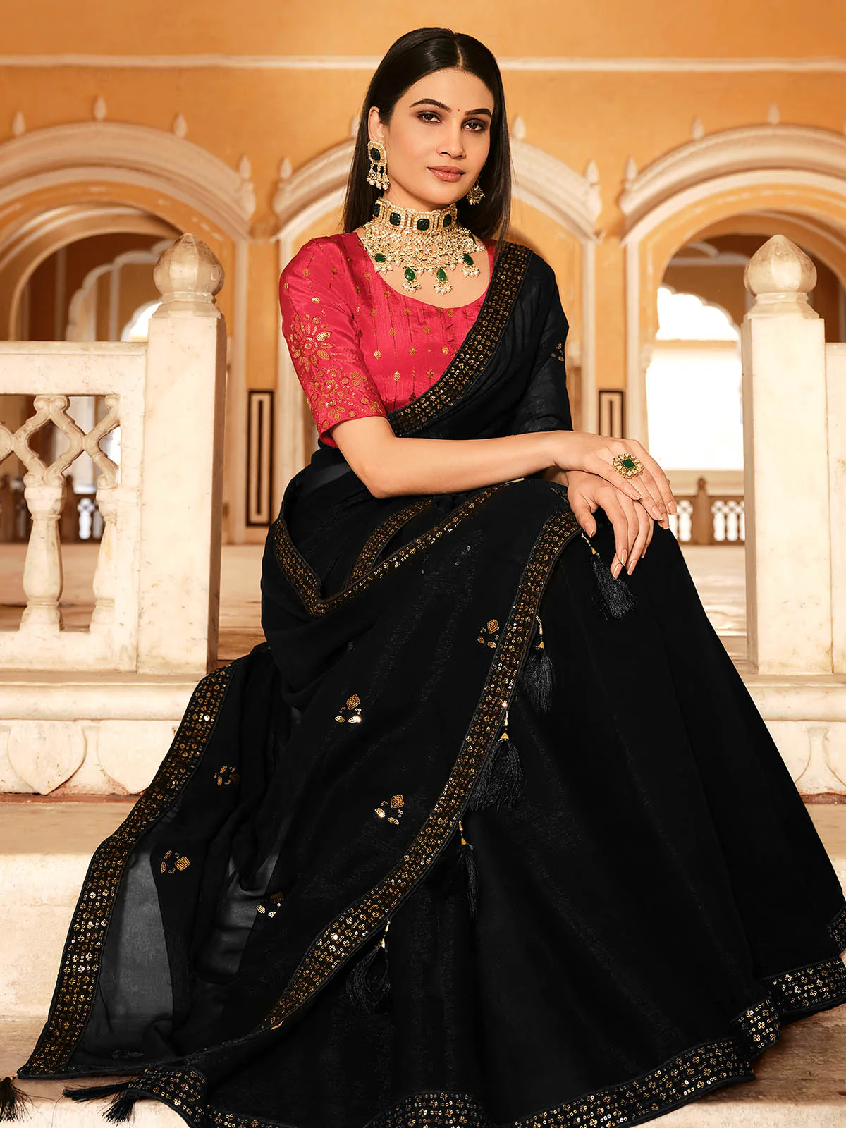 Odette Women Classic Black Chinon Saree With Unstitched Blouse - Image 2