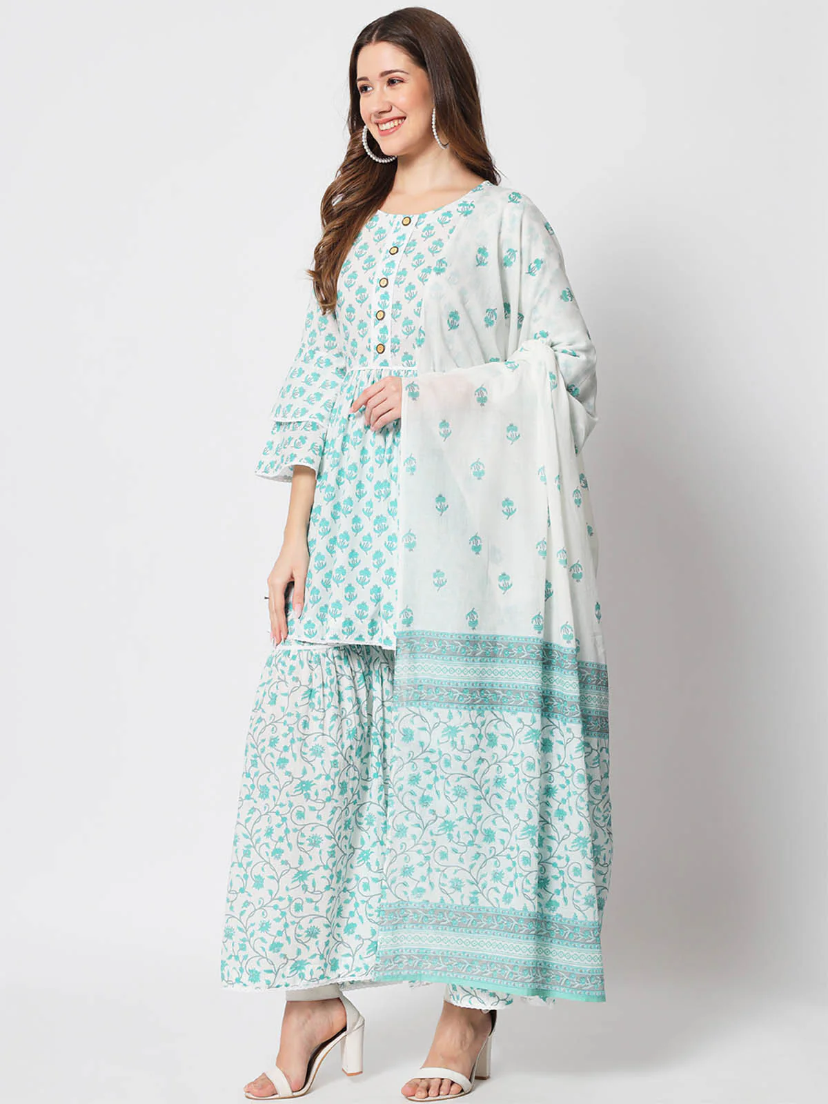 Odette Women Classic Blue Cotton Printed Stitched Kurta Set - Image 3