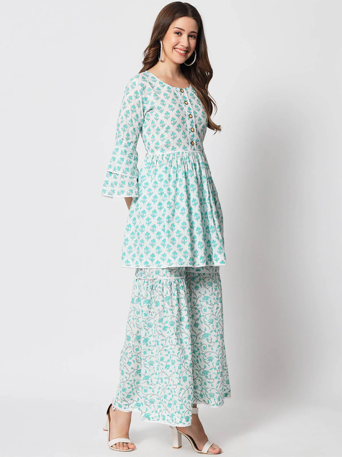 Odette Women Classic Blue Cotton Printed Stitched Kurta Set - Image 4