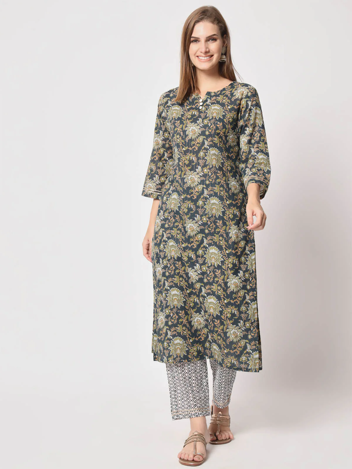 Odette Women Classic Blue Cotton Printed Stitched Kurta Set - Image 2