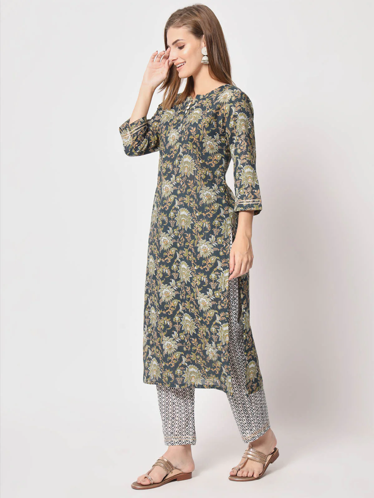 Odette Women Classic Blue Cotton Printed Stitched Kurta Set - Image 3