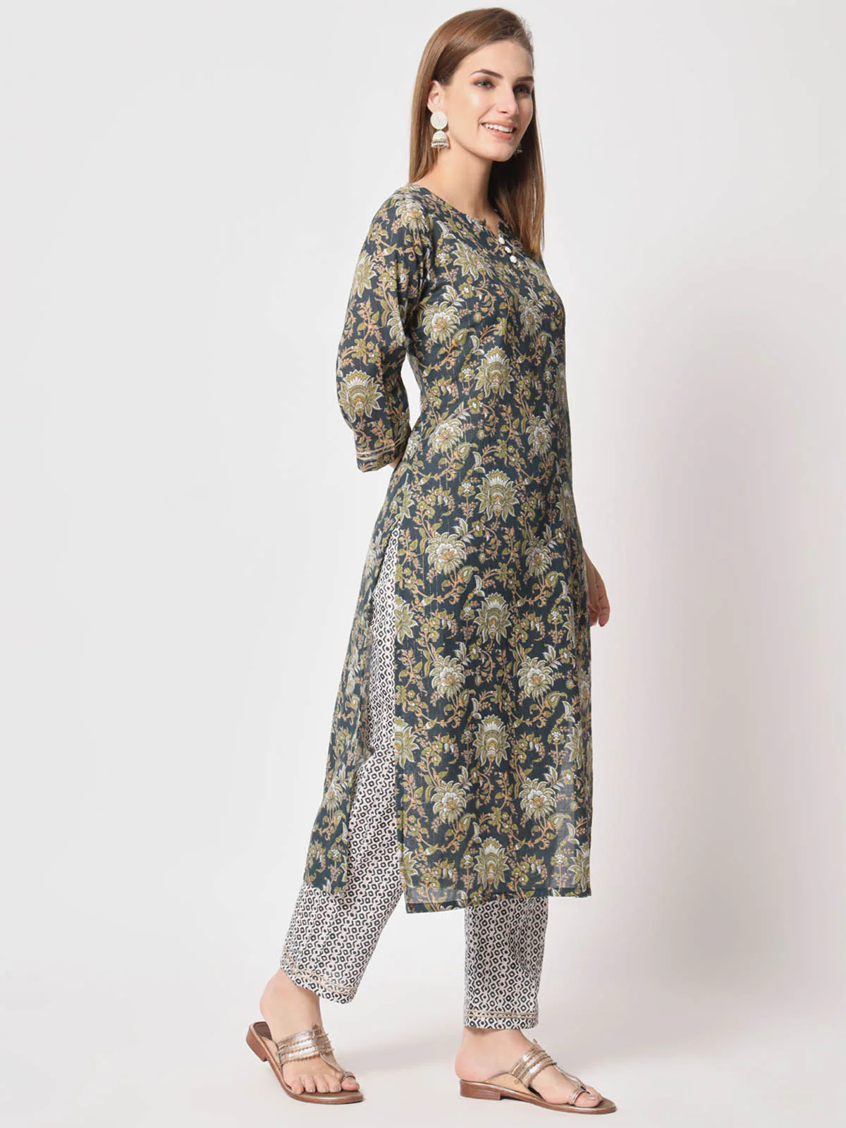 Odette Women Classic Blue Cotton Printed Stitched Kurta Set - Image 4