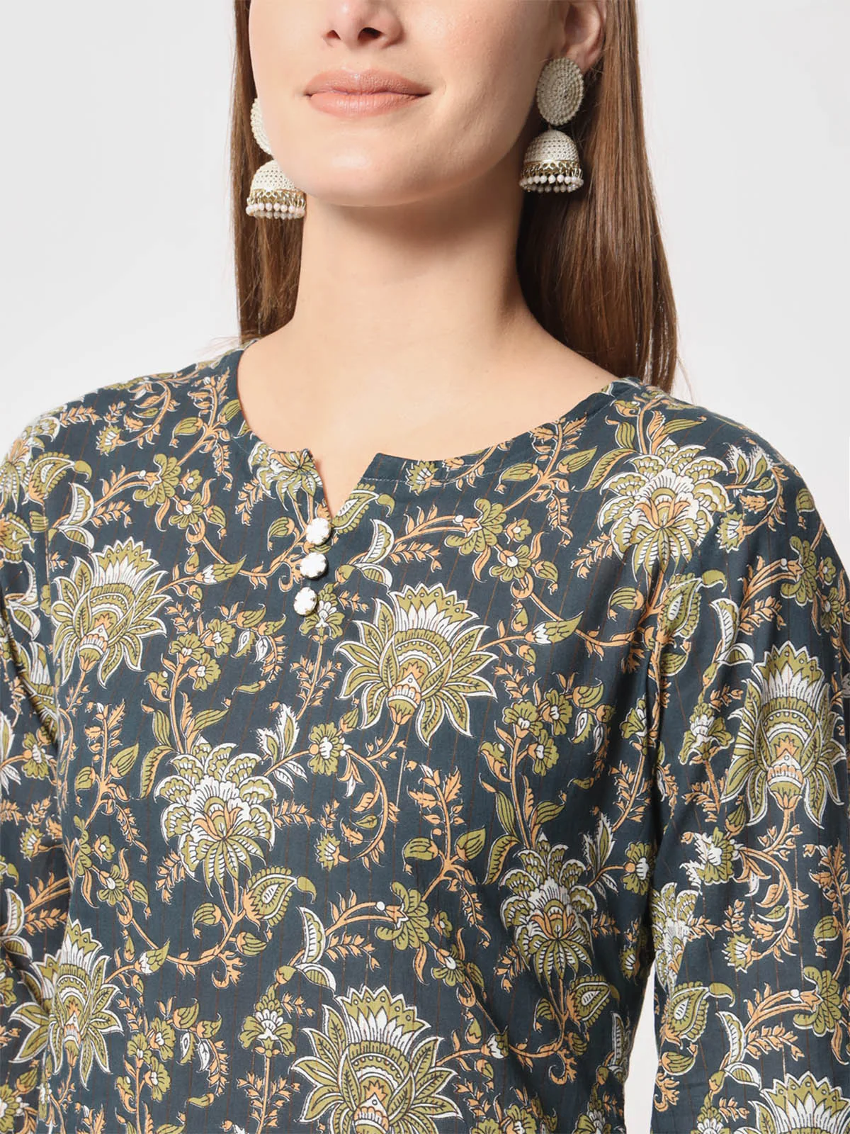 Odette Women Classic Blue Cotton Printed Stitched Kurta Set - Image 6