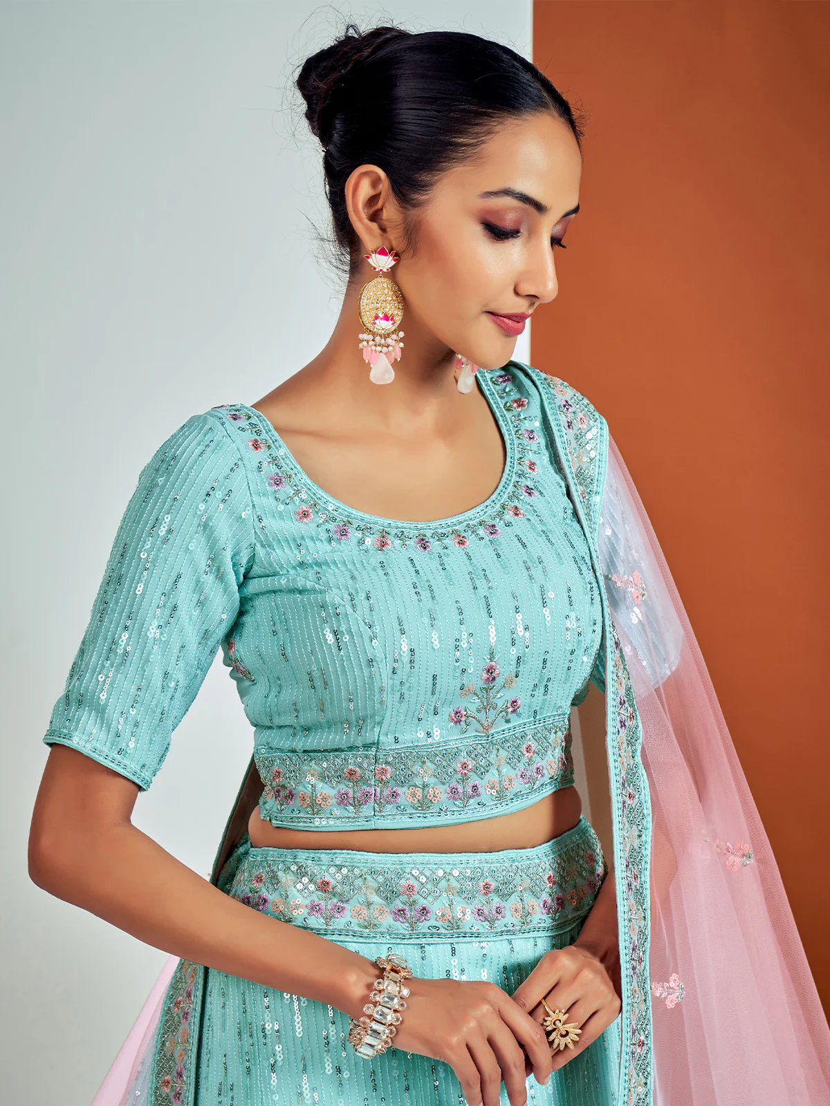 Odette Women Classic Blue Georgette Semi Stitched Lehenga With Unstitched Blouse - Image 2