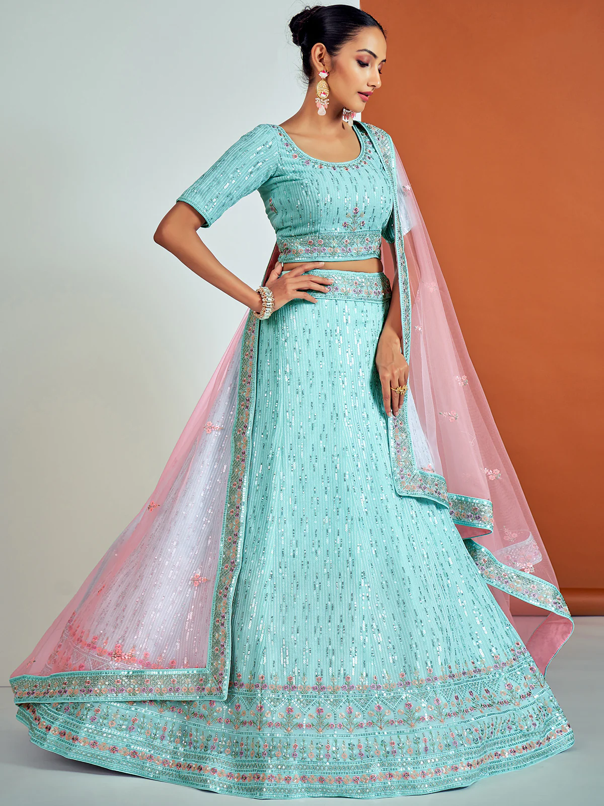 Odette Women Classic Blue Georgette Semi Stitched Lehenga With Unstitched Blouse - Image 3