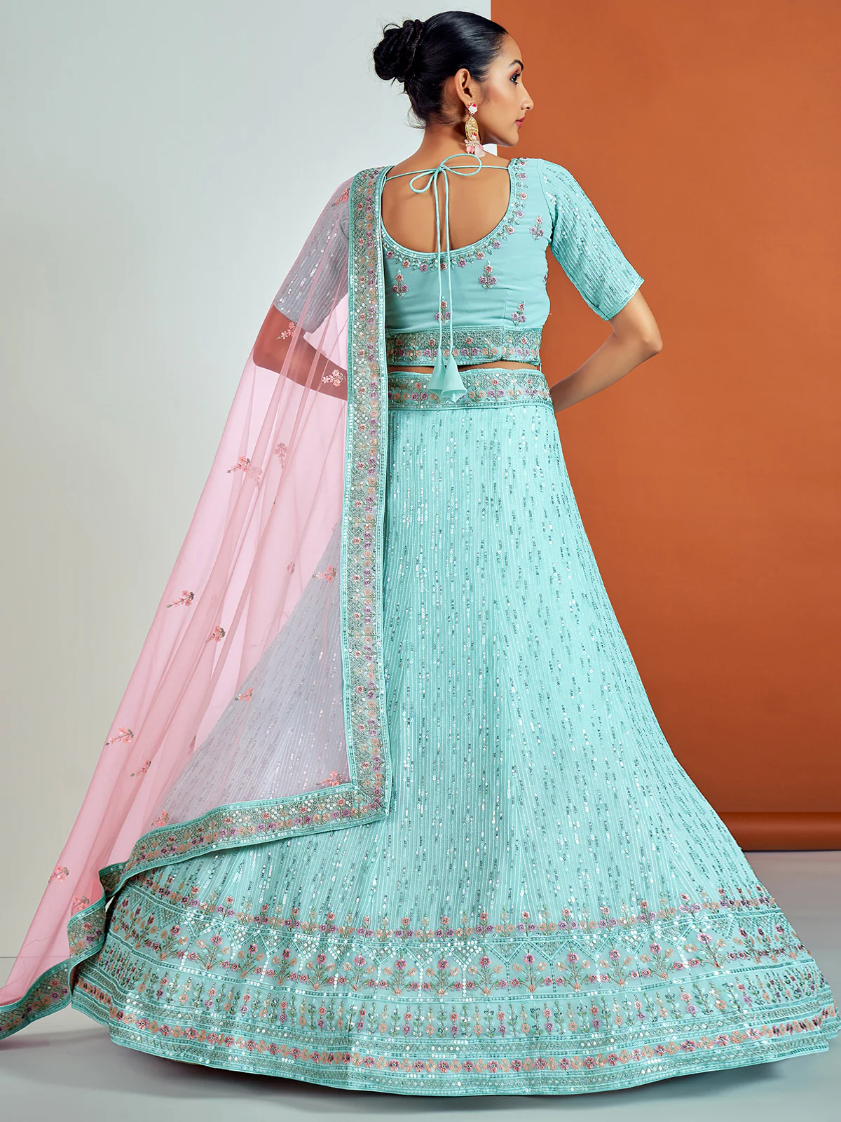 Odette Women Classic Blue Georgette Semi Stitched Lehenga With Unstitched Blouse - Image 4
