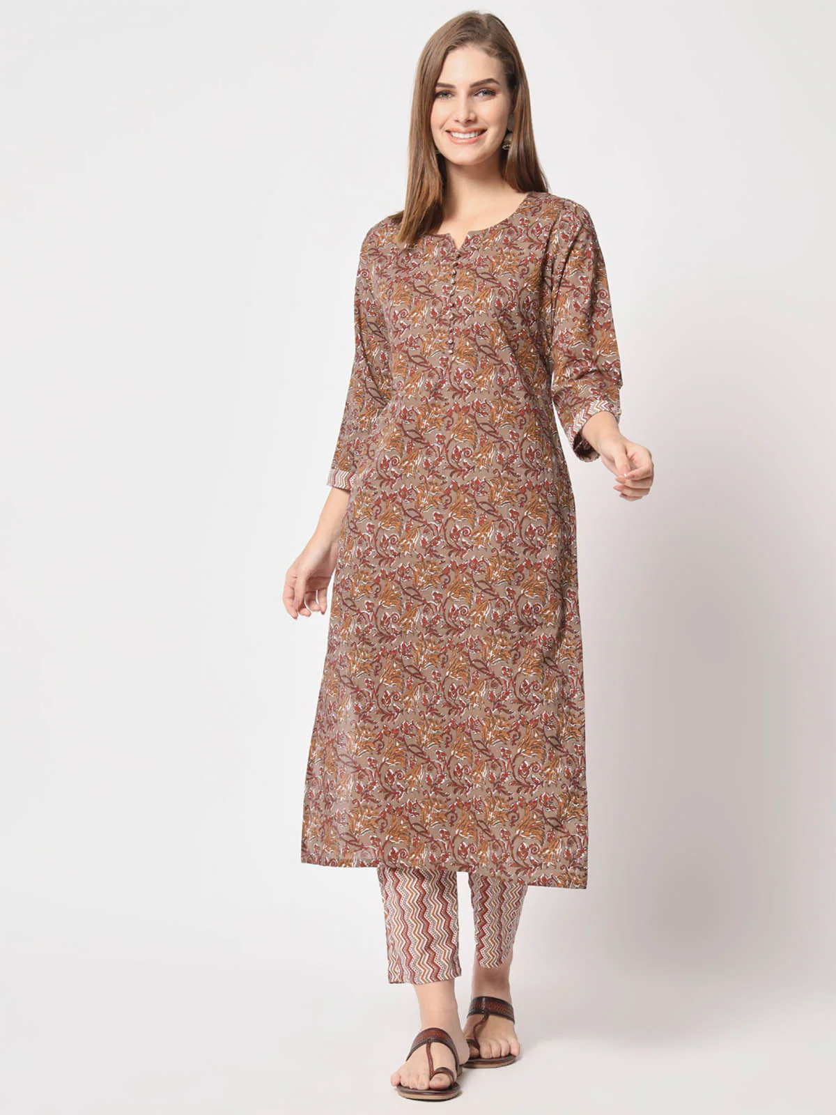 Odette Women Classic Brown Cotton Printed Stitched Kurta Set - Image 2