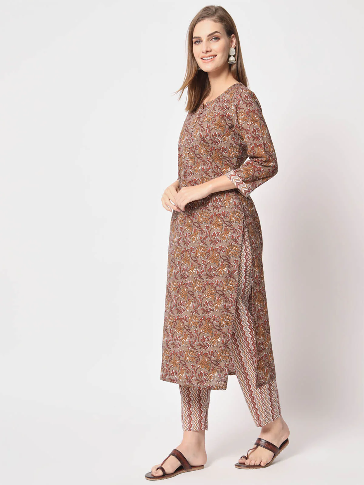Odette Women Classic Brown Cotton Printed Stitched Kurta Set - Image 4