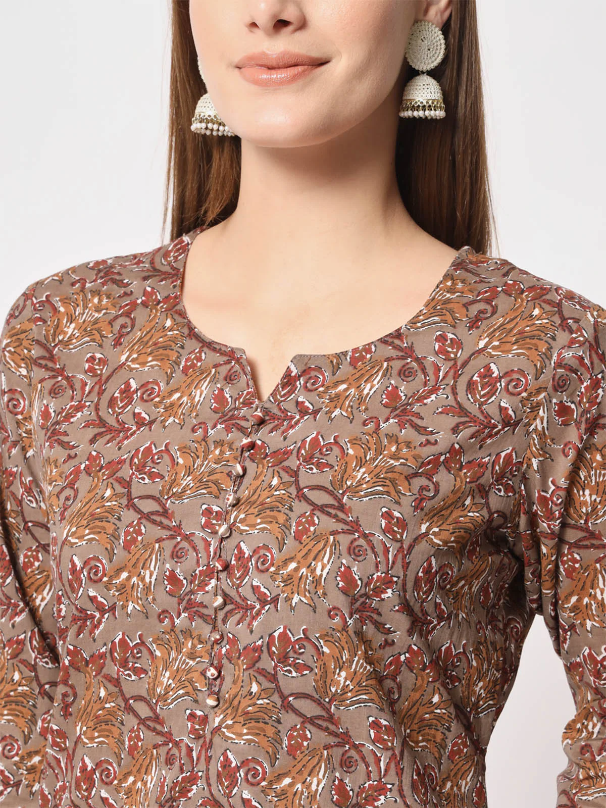 Odette Women Classic Brown Cotton Printed Stitched Kurta Set - Image 6